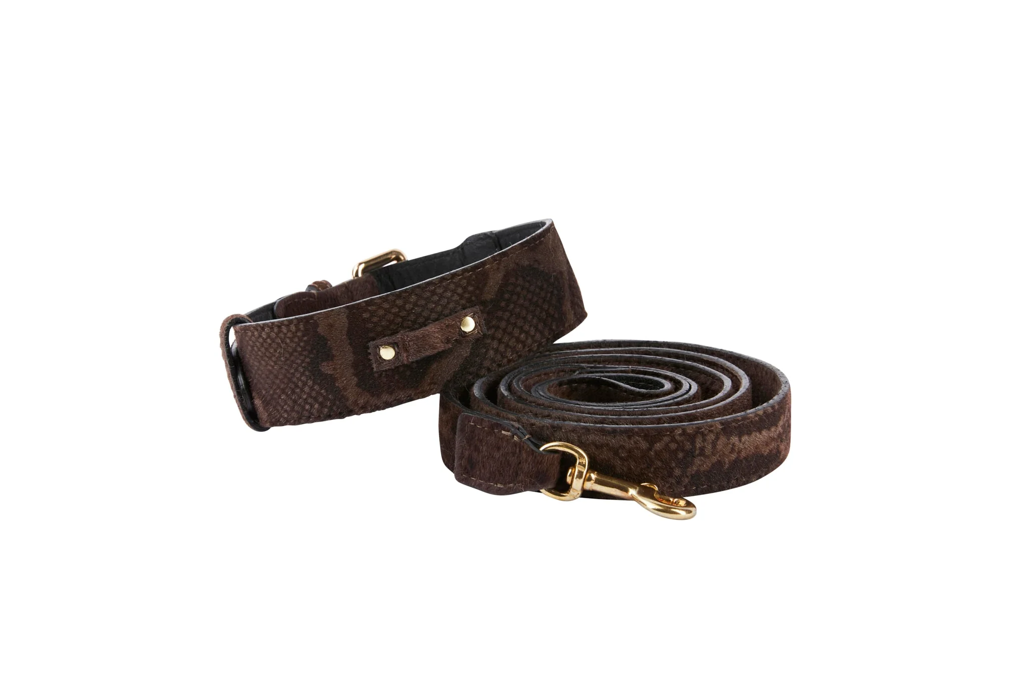 Brown Snake Print Hair On Hide Italian Leather With Classic Hardware Collar & Leash Set - Image 2