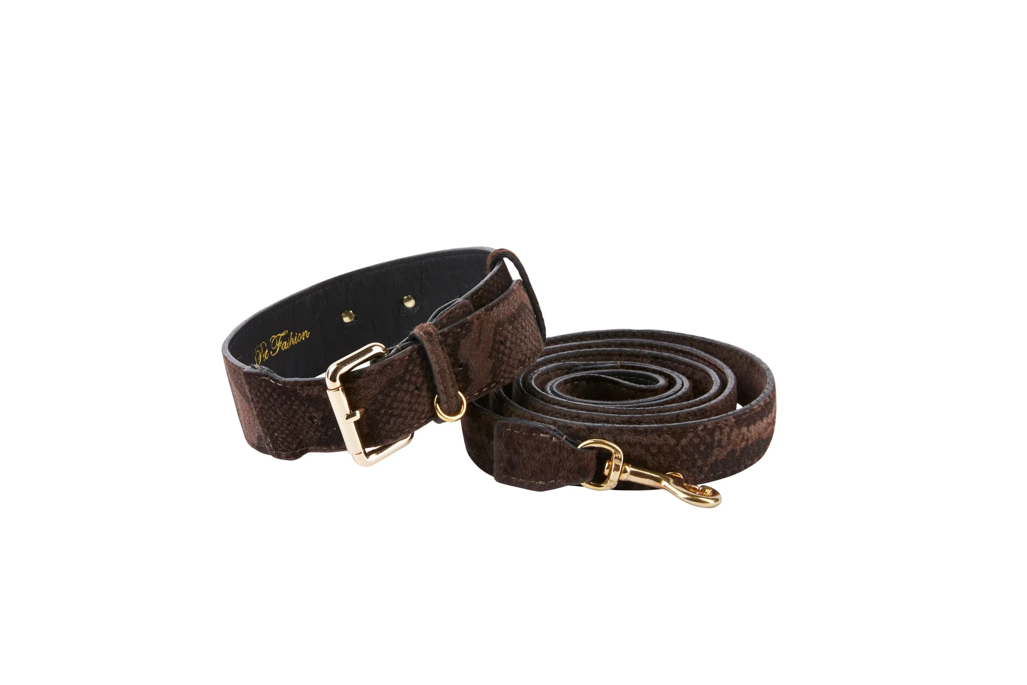 Brown Snake Print Hair On Hide Italian Leather With Classic Hardware Collar & Leash Set - Image 3