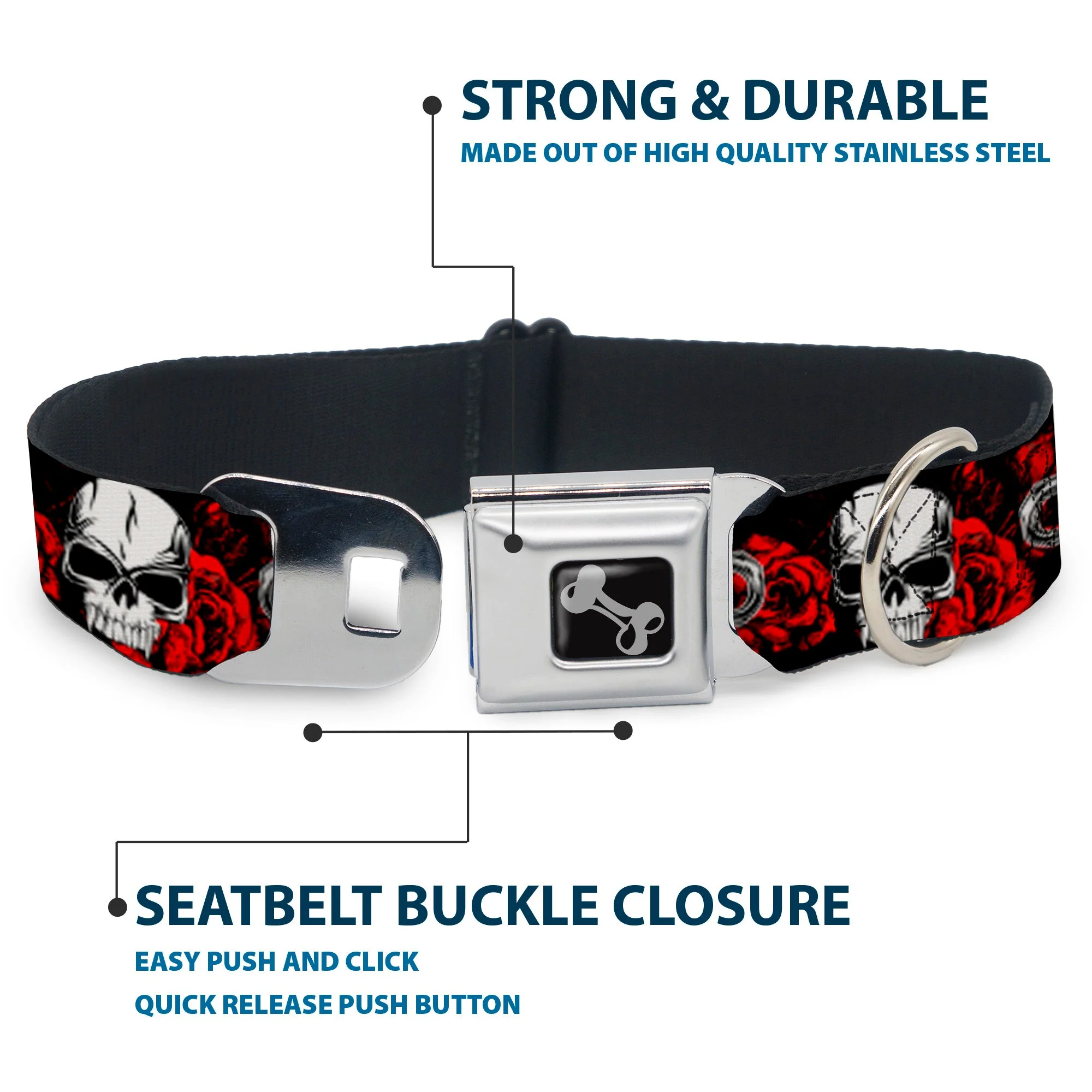 Buckle-Down Seatbelt Buckle Dog Collar - Brass Knuckles/Skulls/Roses Black/Red/White - Image 4