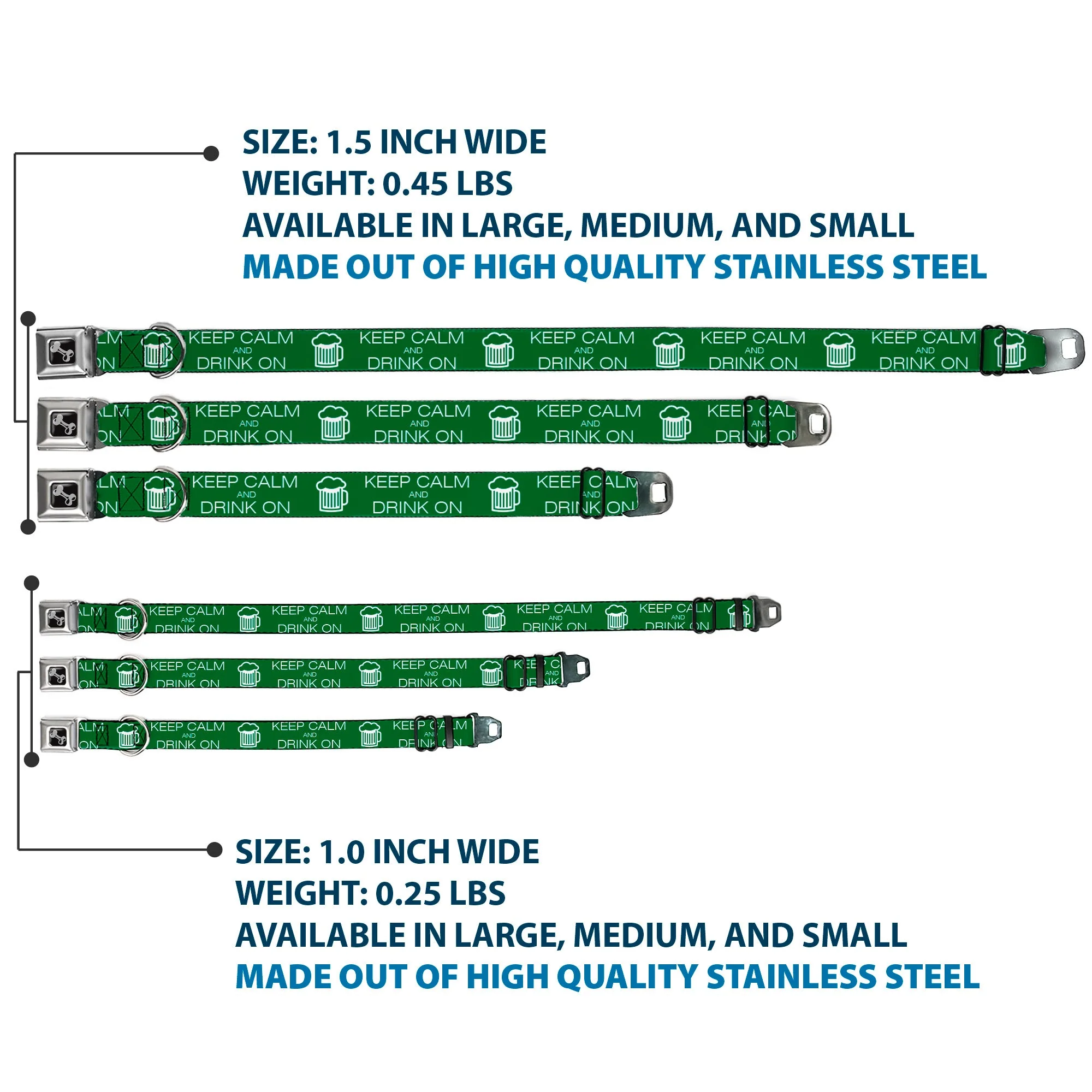 Buckle-Down Seatbelt Buckle Dog Collar - KEEP CALM AND DRINK ON/Beer Green/White - Image 3
