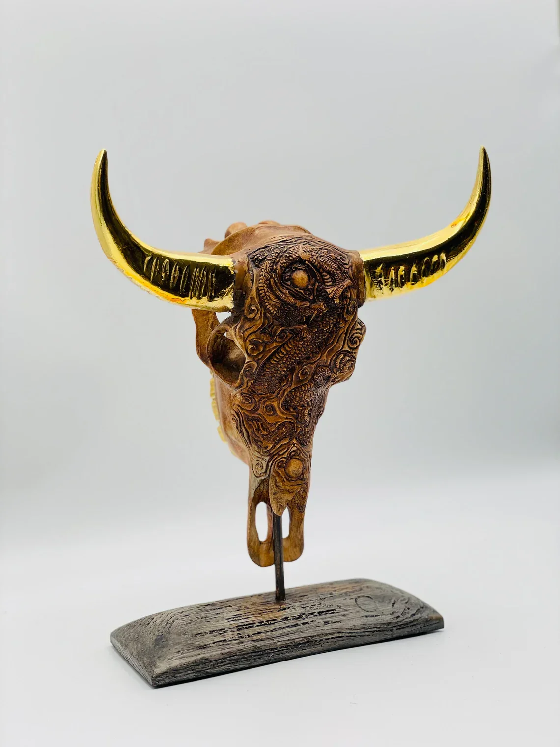 Buffalo with Gold Horns Skull Statue - Image 2