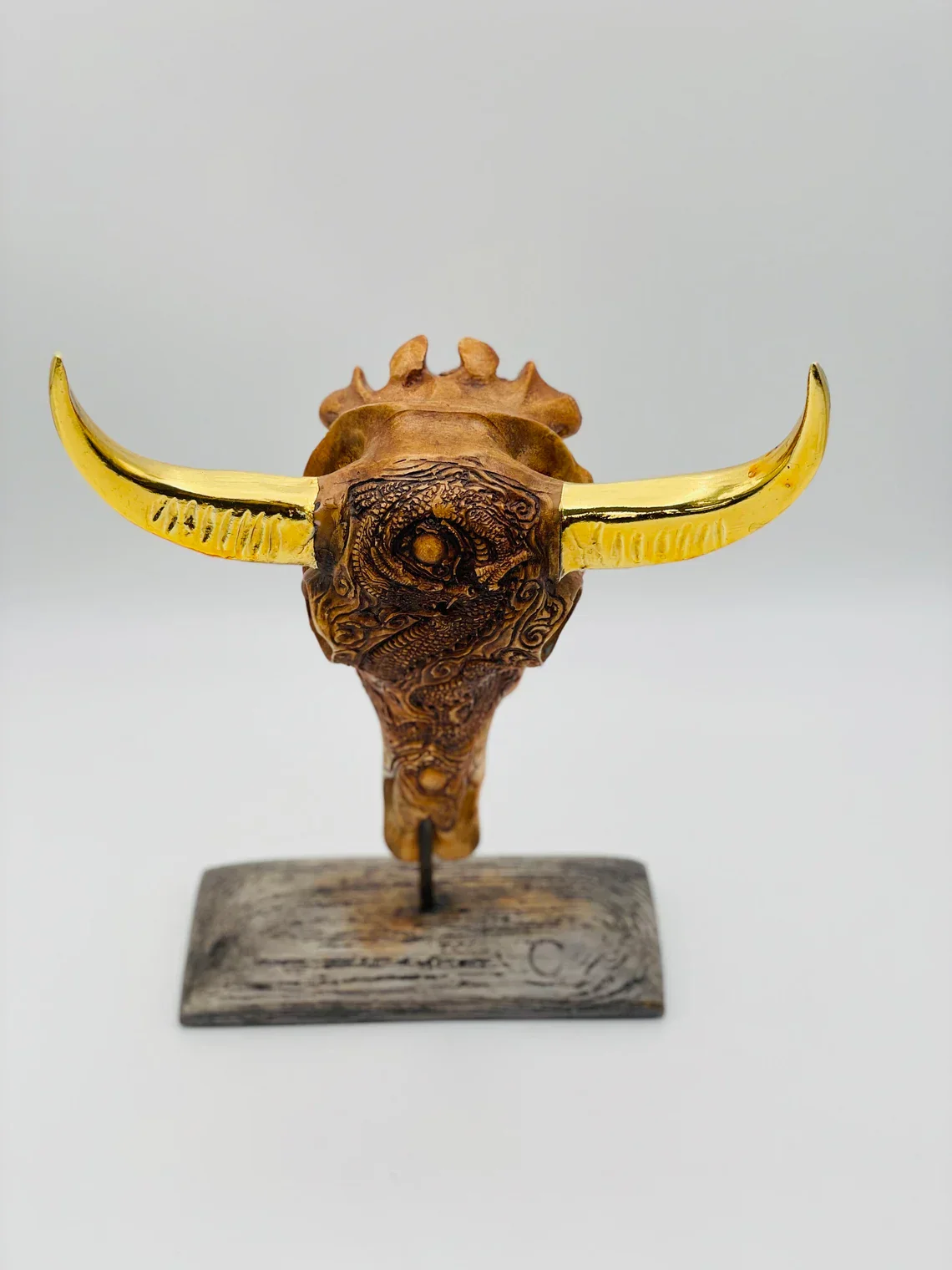 Buffalo with Gold Horns Skull Statue - Image 3