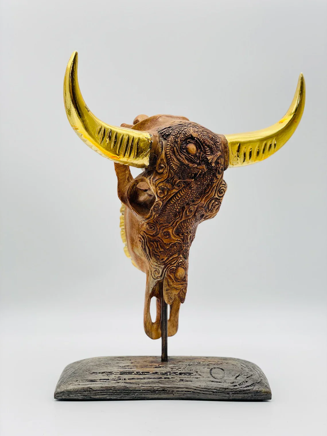 Buffalo with Gold Horns Skull Statue - Image 4