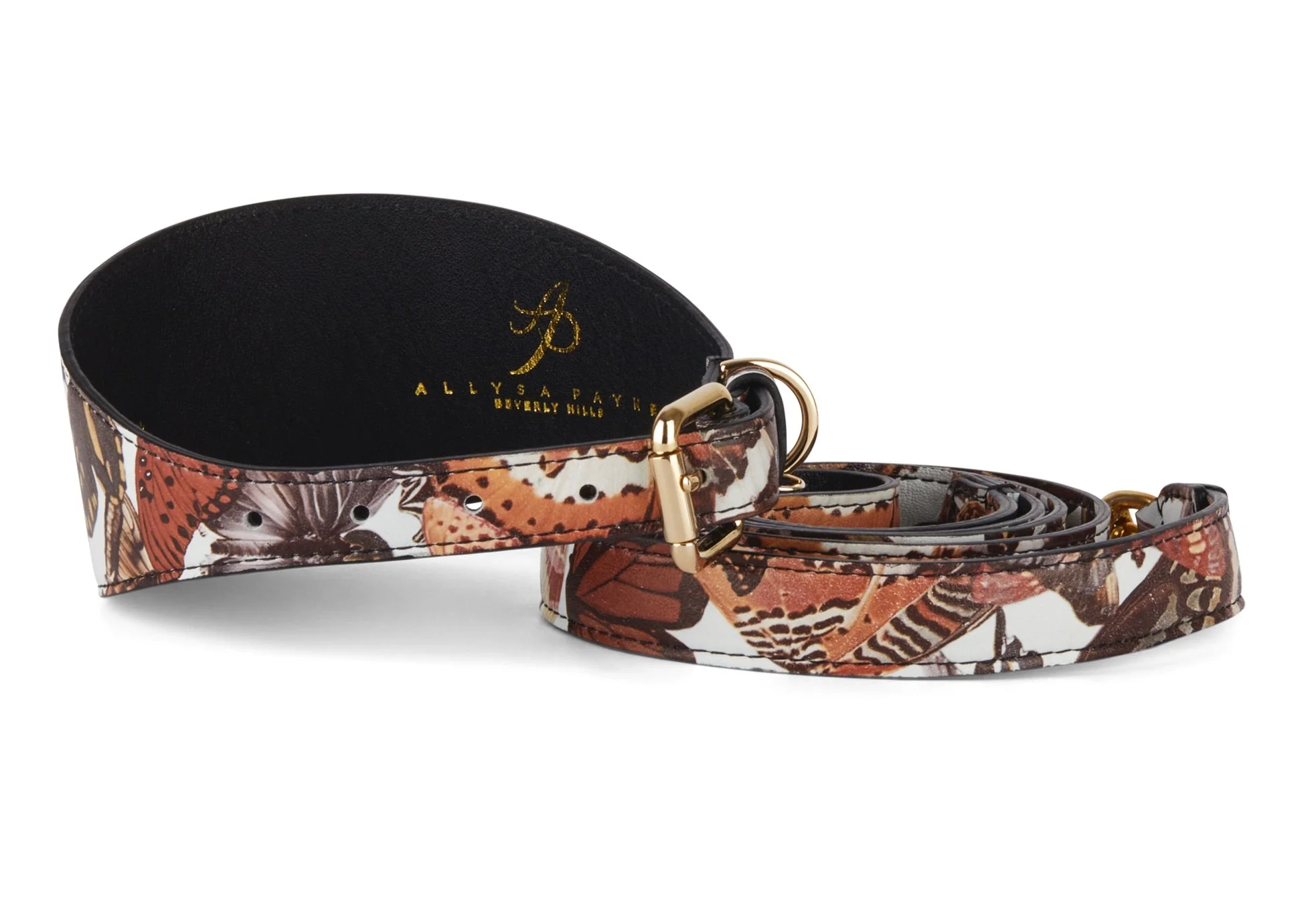 Butterfly Print Italian Leather 3” Wide Style Collar & Matching Leash Set - Image 2