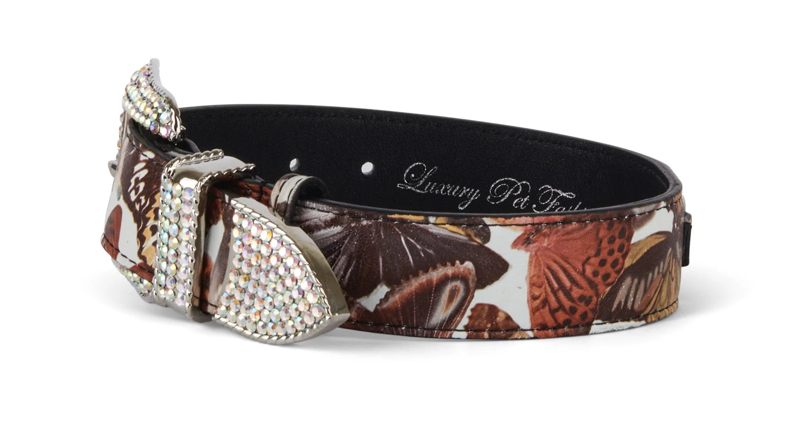 Butterfly Print Italian Leather Collar With Custom Swarovski Crystal Hardware - Image 2