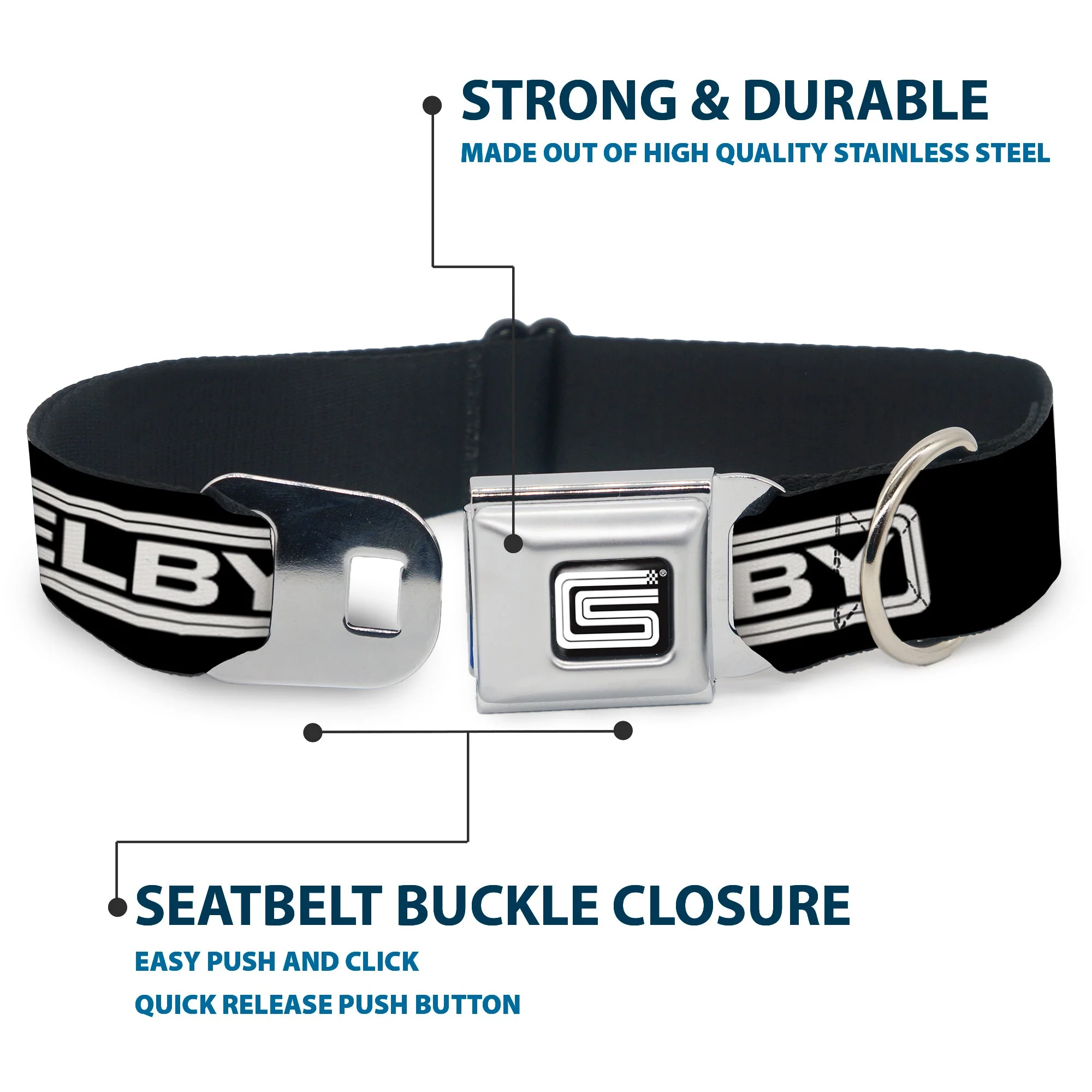 Carroll Shelby CS Racing Logo Full Color Black/White Seatbelt Buckle Collar - Carroll Shelby CS SHELBY Racing Logo Block Black/White - Image 4