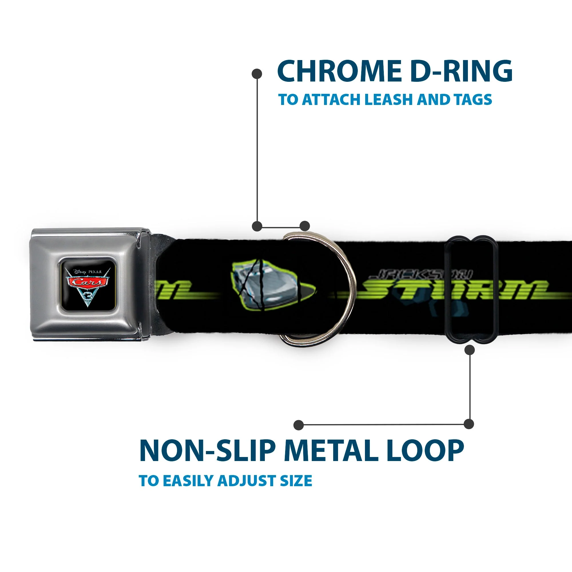 CARS 3 Emblem Full Color Black Silver Red Seatbelt Buckle Collar - Cars 3 JACKSON STORM Pose/STRIPE Black/Greens - Image 5