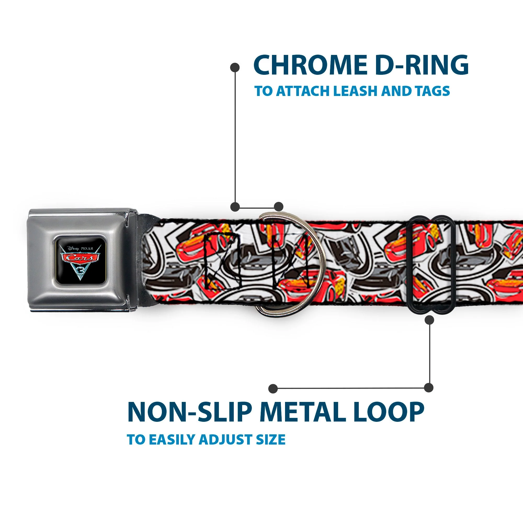 CARS 3 Emblem Full Color Black Silver Red Seatbelt Buckle Collar - Cars 3 Lightning McQueen/Storm Jackson Poses Scattered White - Image 5
