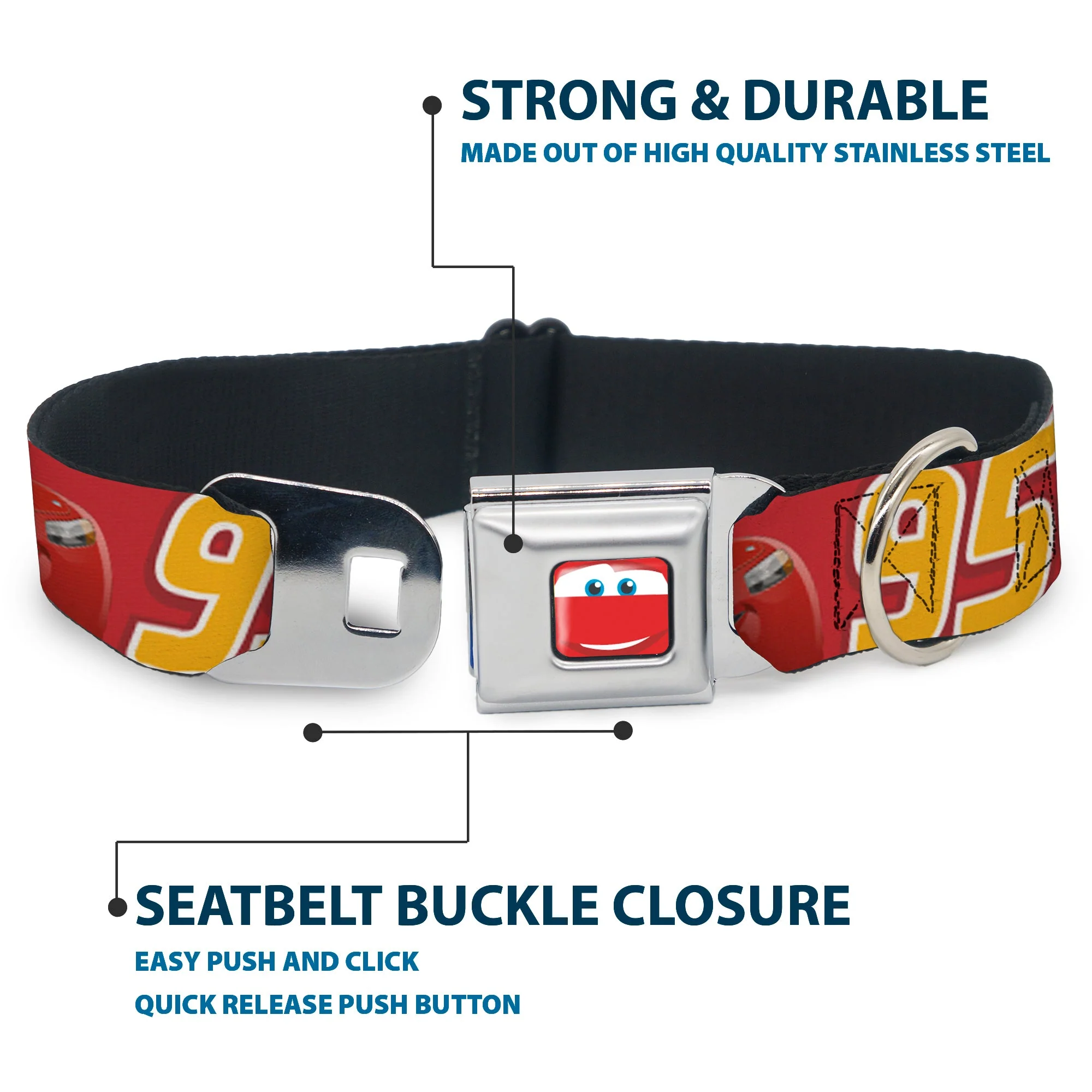 Cars Lightning McQueen Smiley Face CLOSE-UP Full Color Seatbelt Buckle Collar - Cars Lightning McQueen Smiling Pose/95 Reds/White/Orange - Image 4