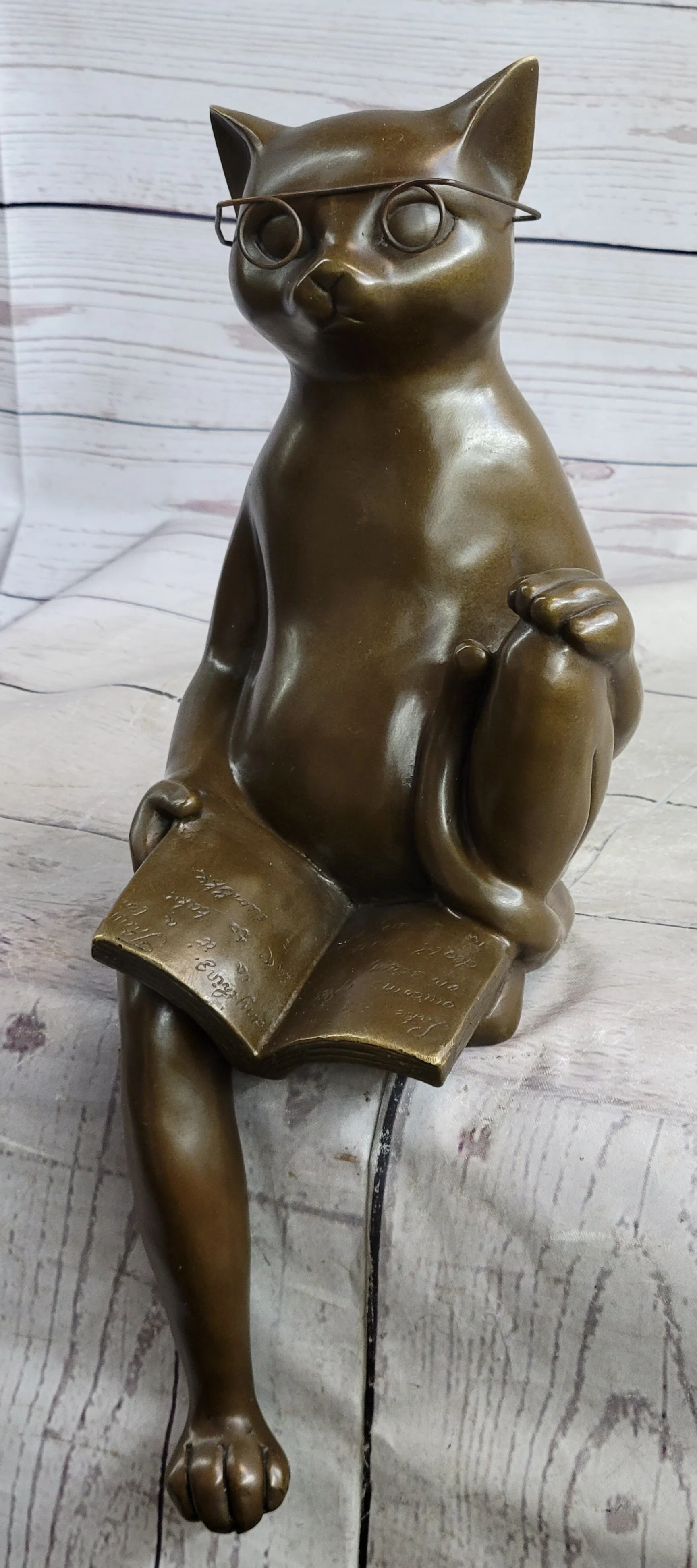 Cat in Eyeglasses Reading a Book Bronze Metal Figurine Sculpture Signed Art - Image 3