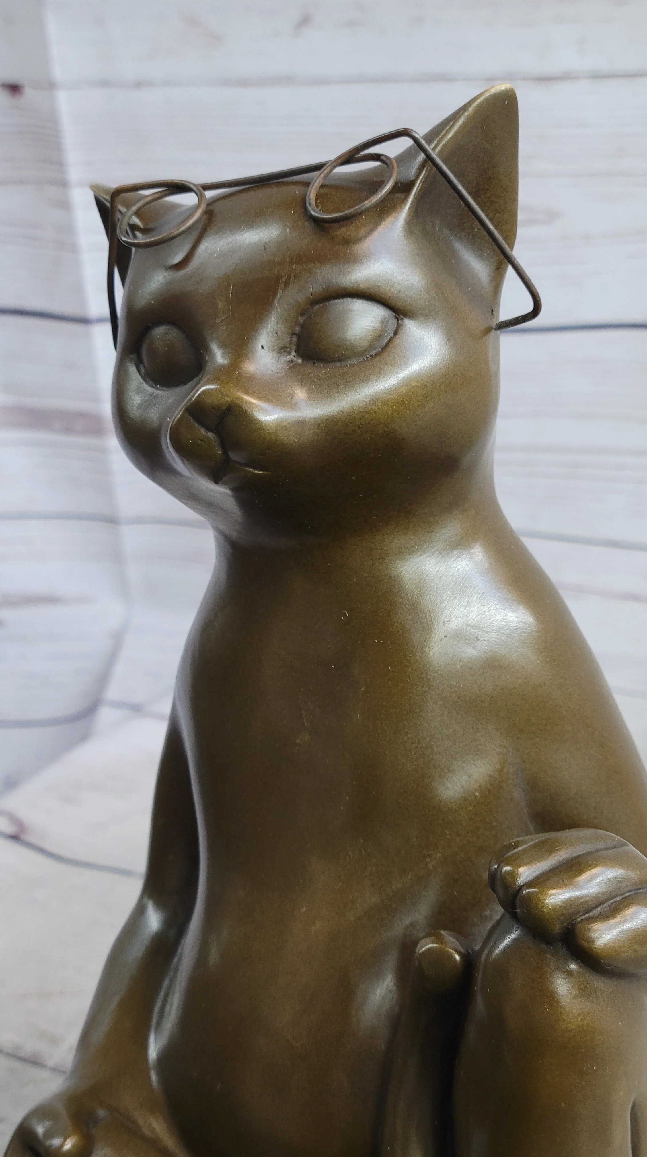 Cat in Eyeglasses Reading a Book Bronze Metal Figurine Sculpture Signed Art - Image 5