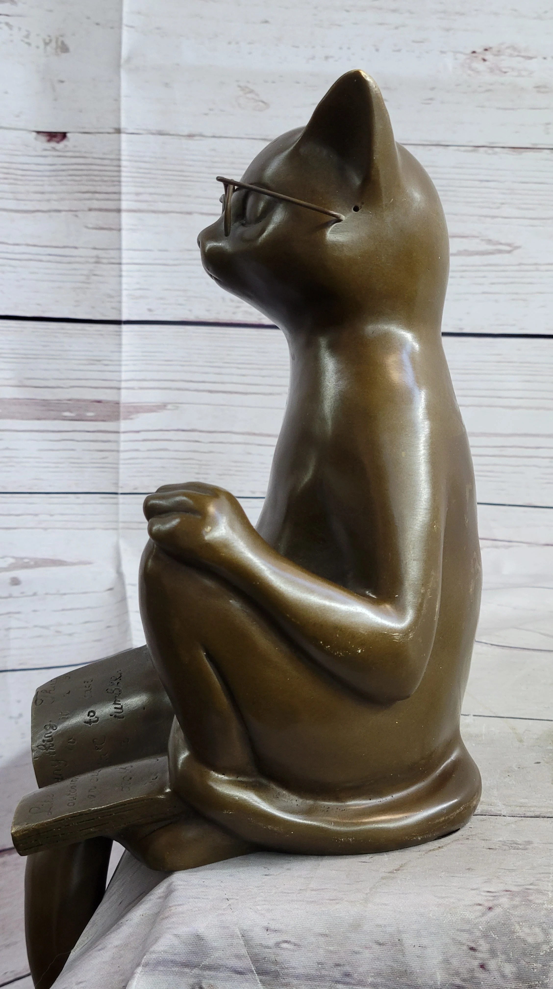 Cat in Eyeglasses Reading a Book Bronze Metal Figurine Sculpture Signed Art - Image 7