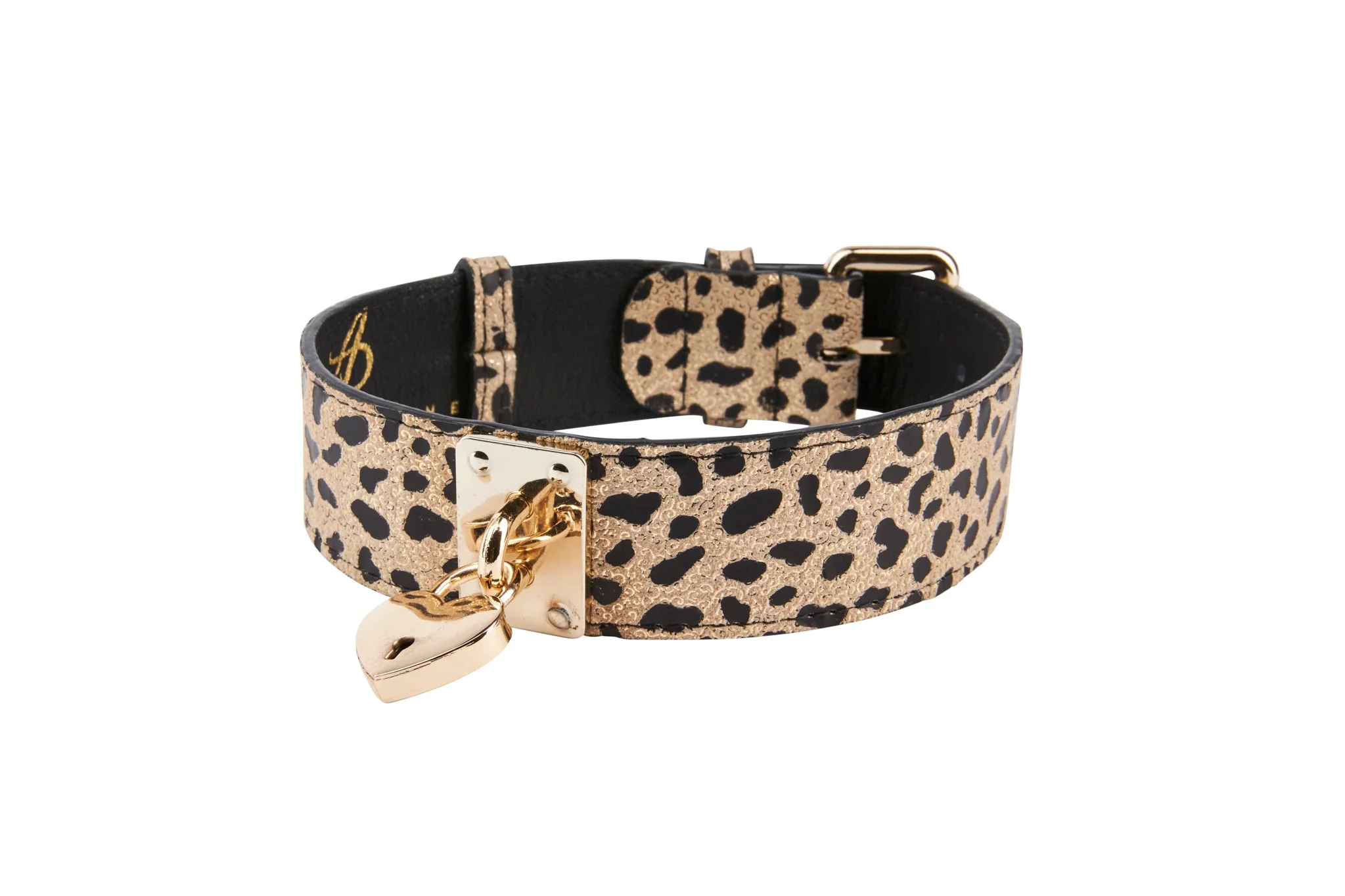 Champagne Gold Leopard Print Italian Leather Reversible Heart Locket/Classic Collar & Leash Set - Image 5