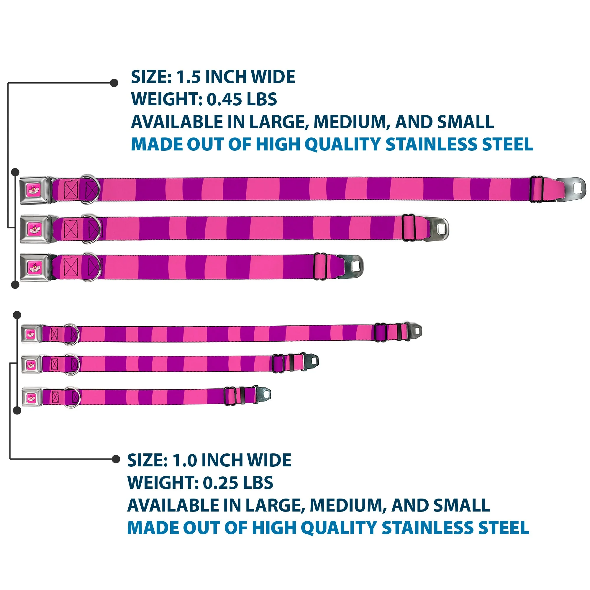 Cheshire Cat Face Full Color Pink Seatbelt Buckle Collar - Cheshire Cat Stripe Pink/Purple - Image 3