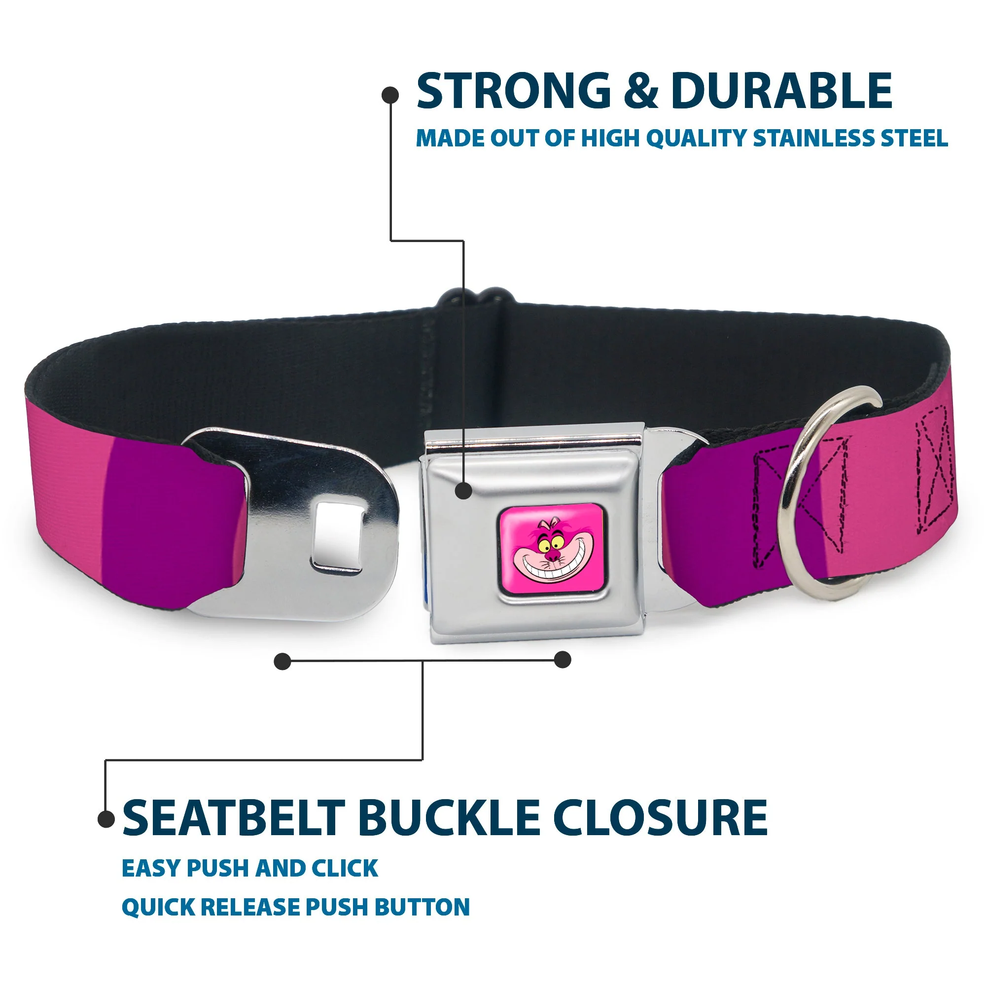 Cheshire Cat Face Full Color Pink Seatbelt Buckle Collar - Cheshire Cat Stripe Pink/Purple - Image 4