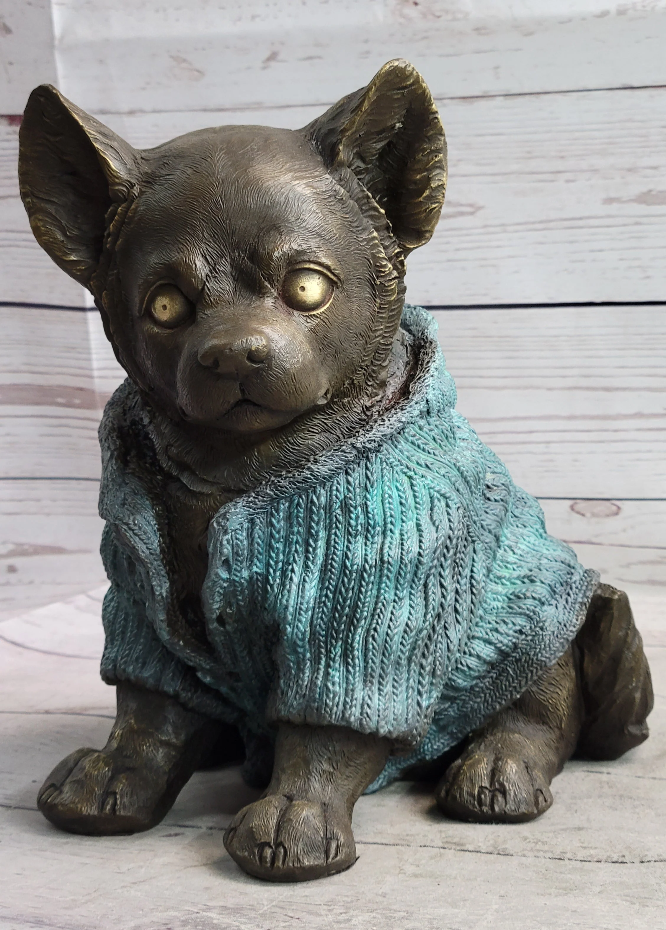 Chihuahua Puppy Dog Wearing Blue Sweater Bronze Metal Figurine Sculpture Decor - Image 3