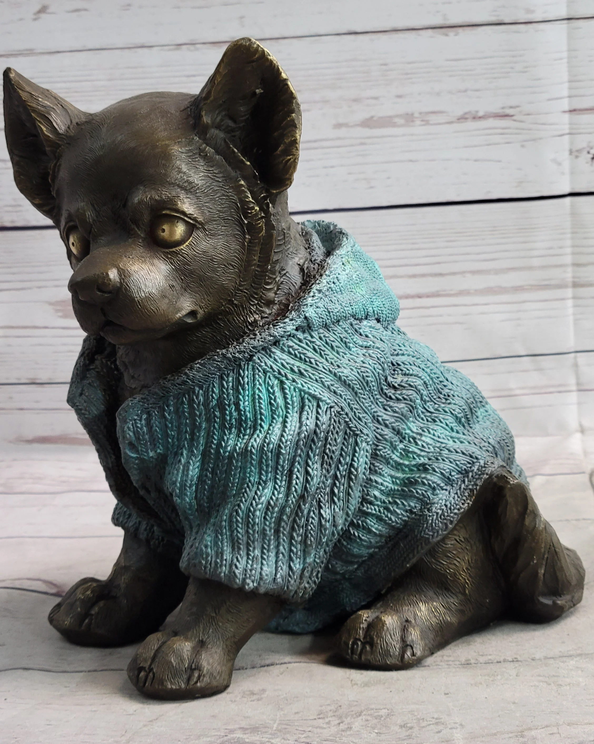 Chihuahua Puppy Dog Wearing Blue Sweater Bronze Metal Figurine Sculpture Decor - Image 4