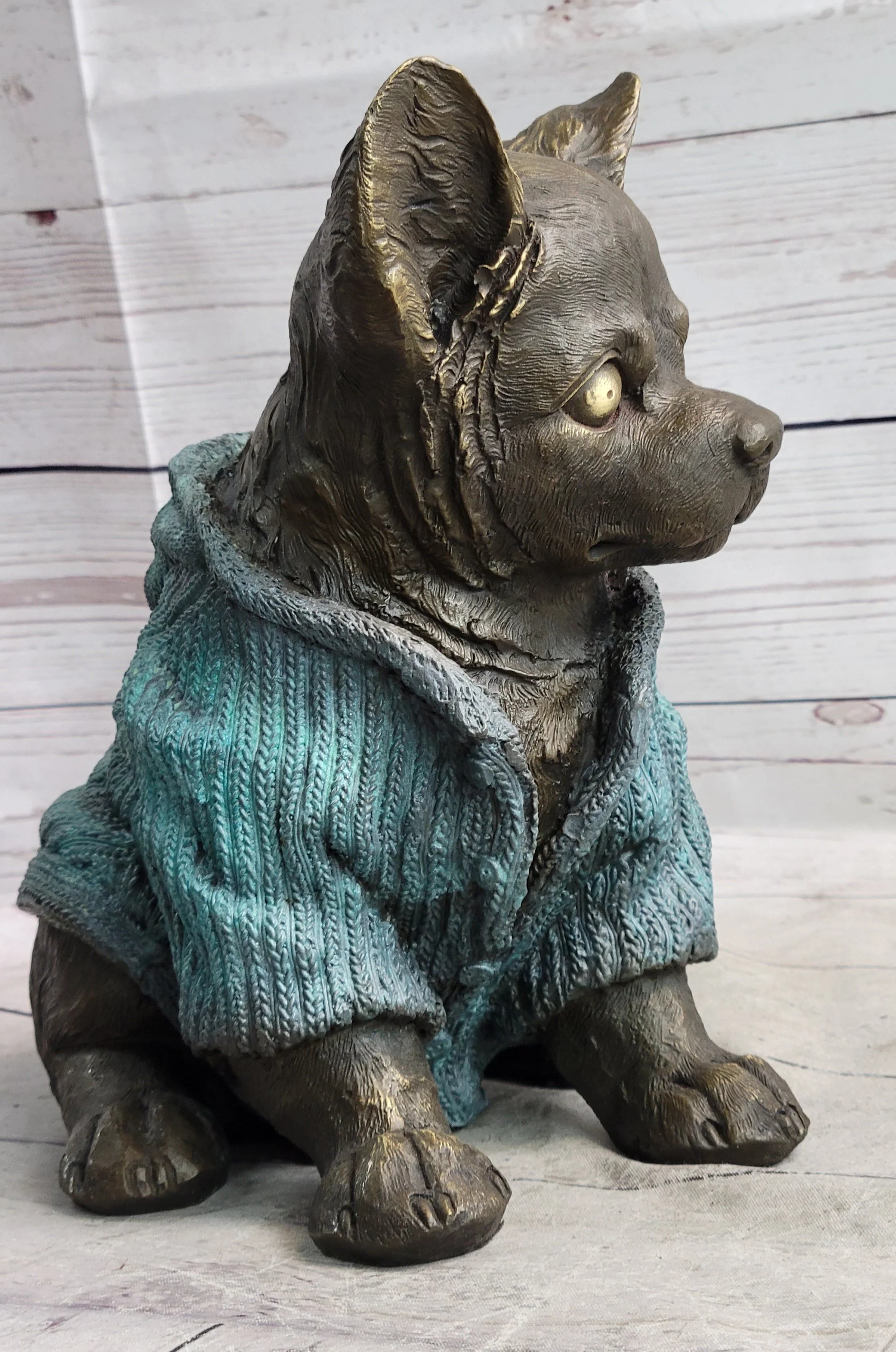 Chihuahua Puppy Dog Wearing Blue Sweater Bronze Metal Figurine Sculpture Decor - Image 5
