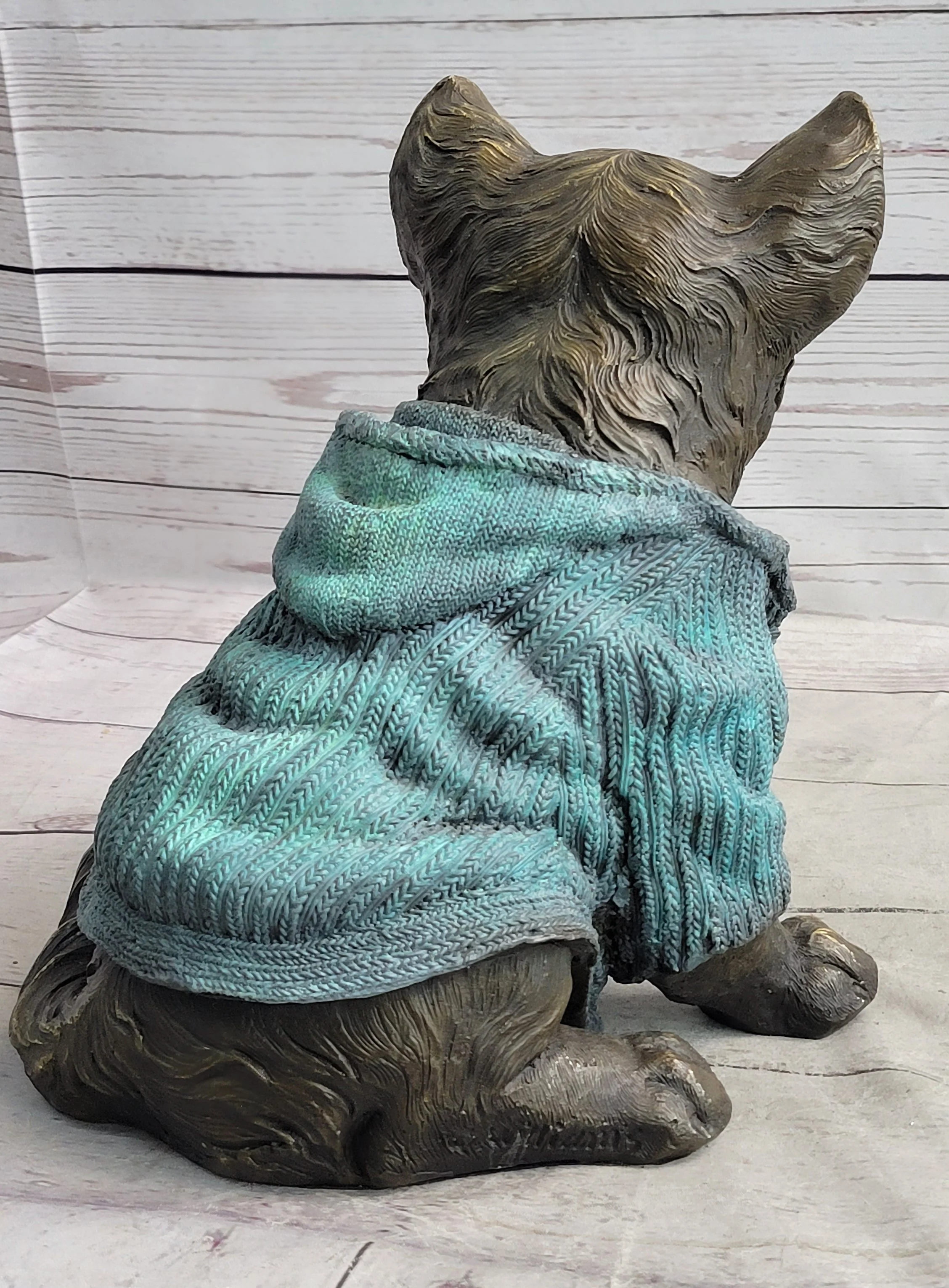 Chihuahua Puppy Dog Wearing Blue Sweater Bronze Metal Figurine Sculpture Decor - Image 6