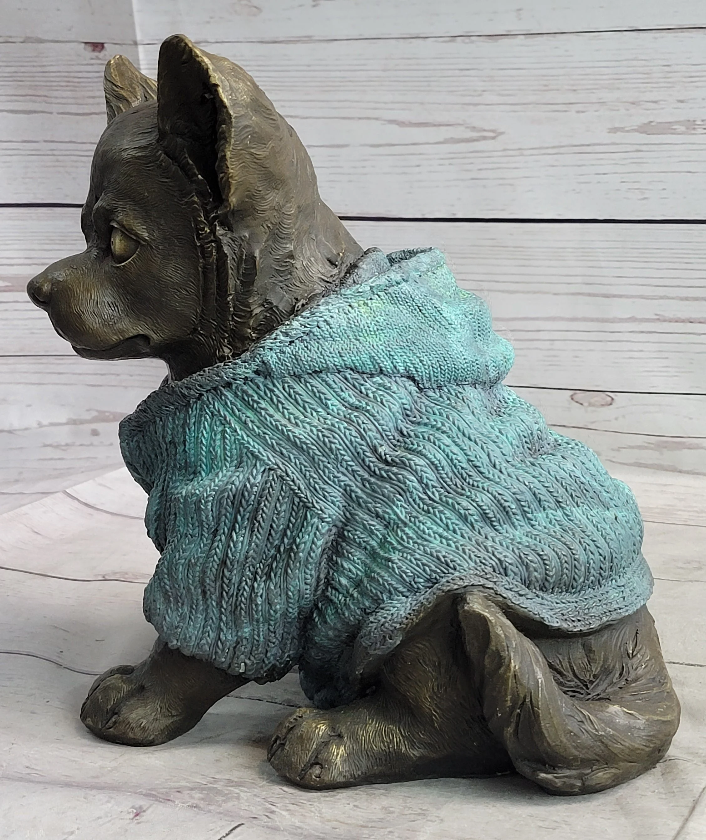 Chihuahua Puppy Dog Wearing Blue Sweater Bronze Metal Figurine Sculpture Decor - Image 7