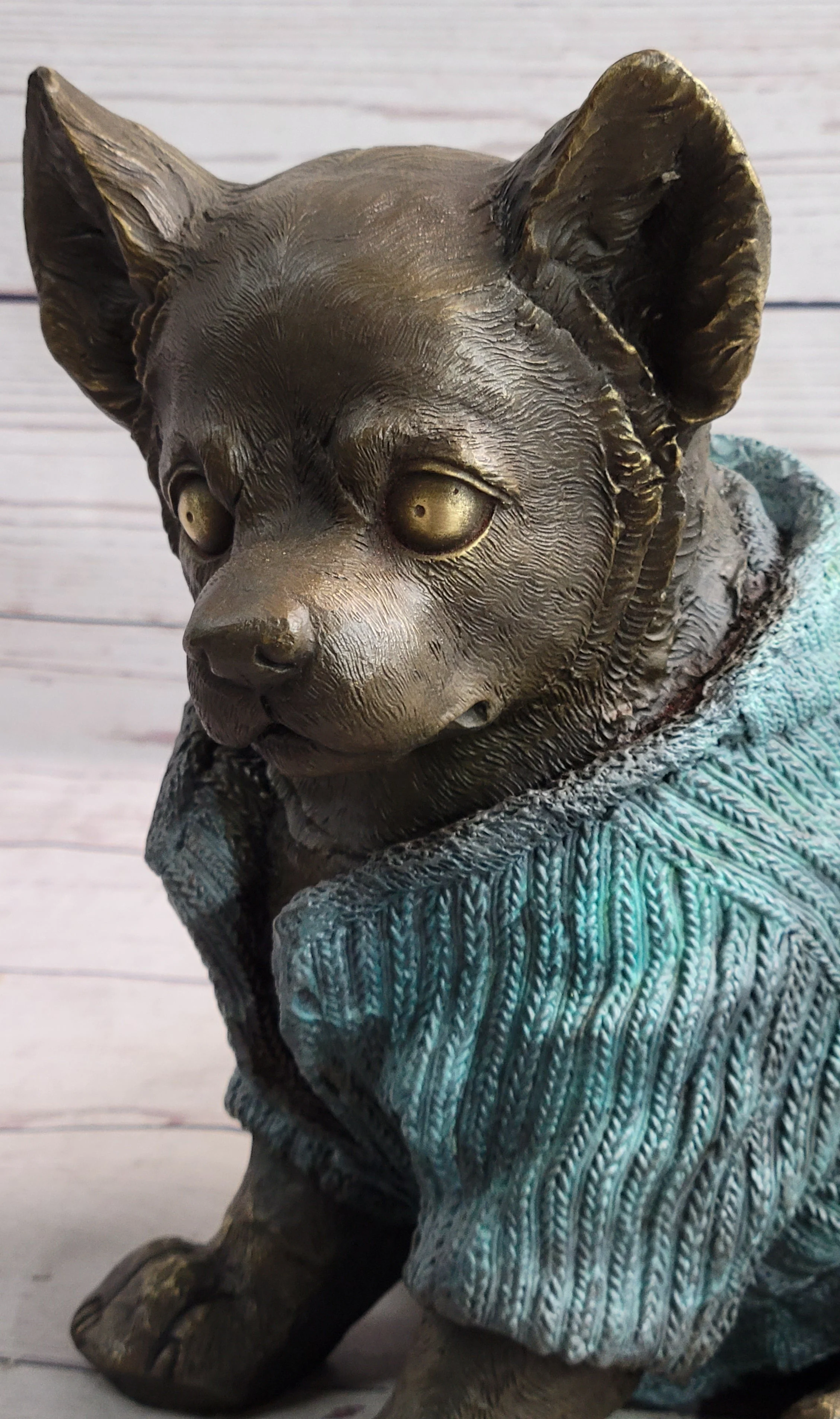 Chihuahua Puppy Dog Wearing Blue Sweater Bronze Metal Figurine Sculpture Decor - Image 9