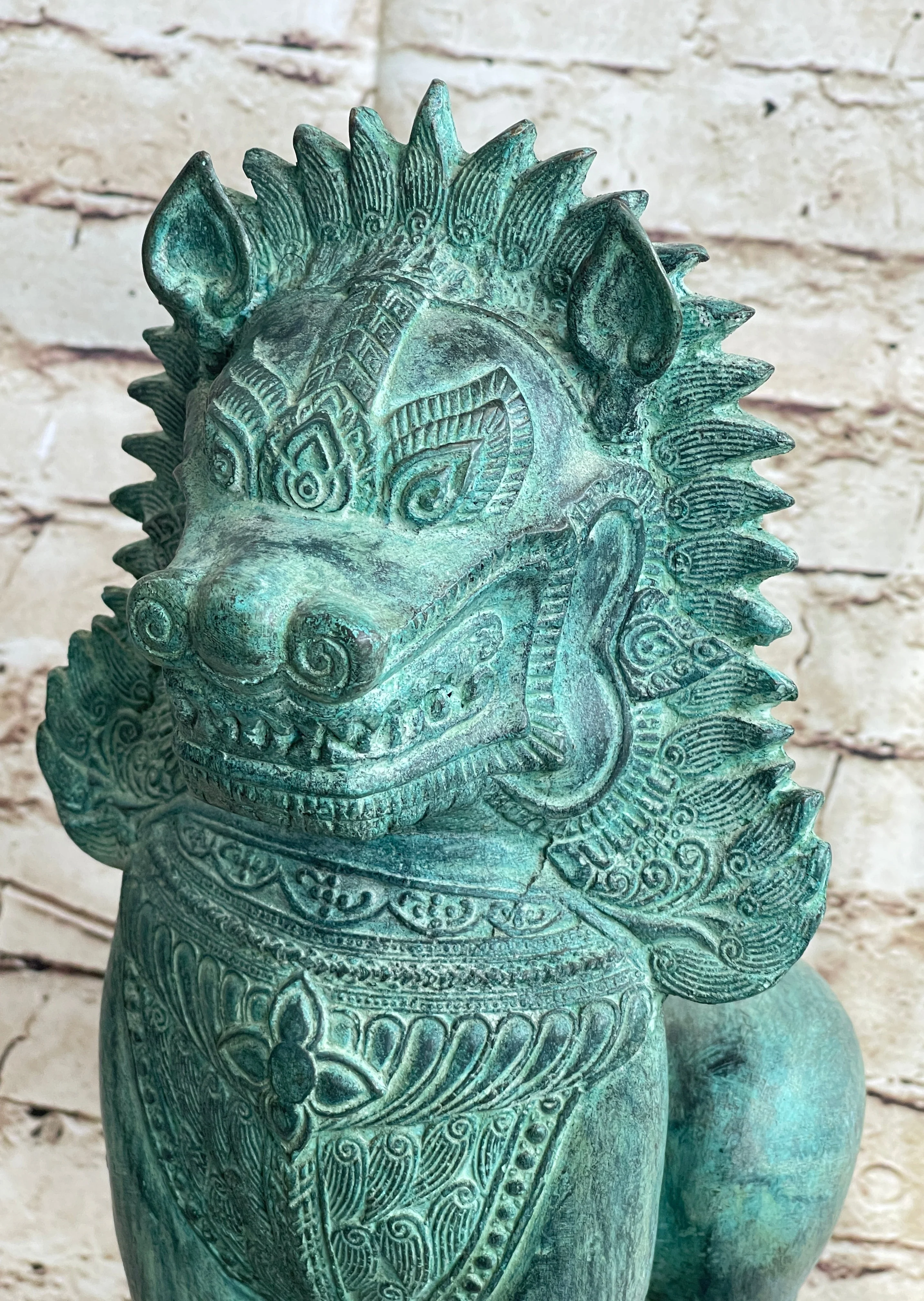 Chinese Foo Dog Guardian Lion Bronze Sculpture Statue Signed Handmade Art 13" x 6" - Image 6