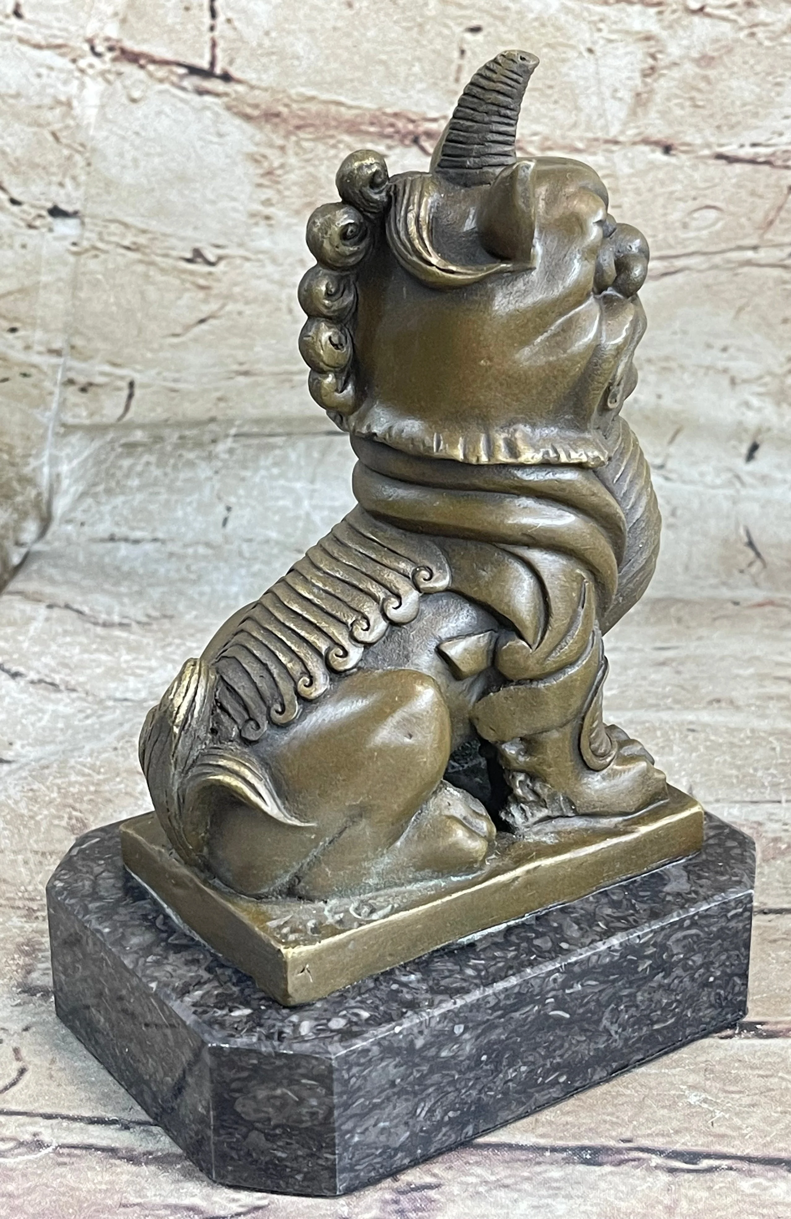 Chinese Foo Dog Guardian Lion Bronze Statue Sculpture Figure Marble Base 7.5" x 5" - Image 6