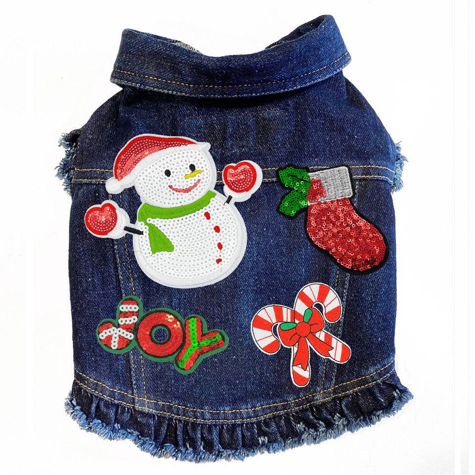 Christmas Snowman Denim Dog Jacket - Image 3