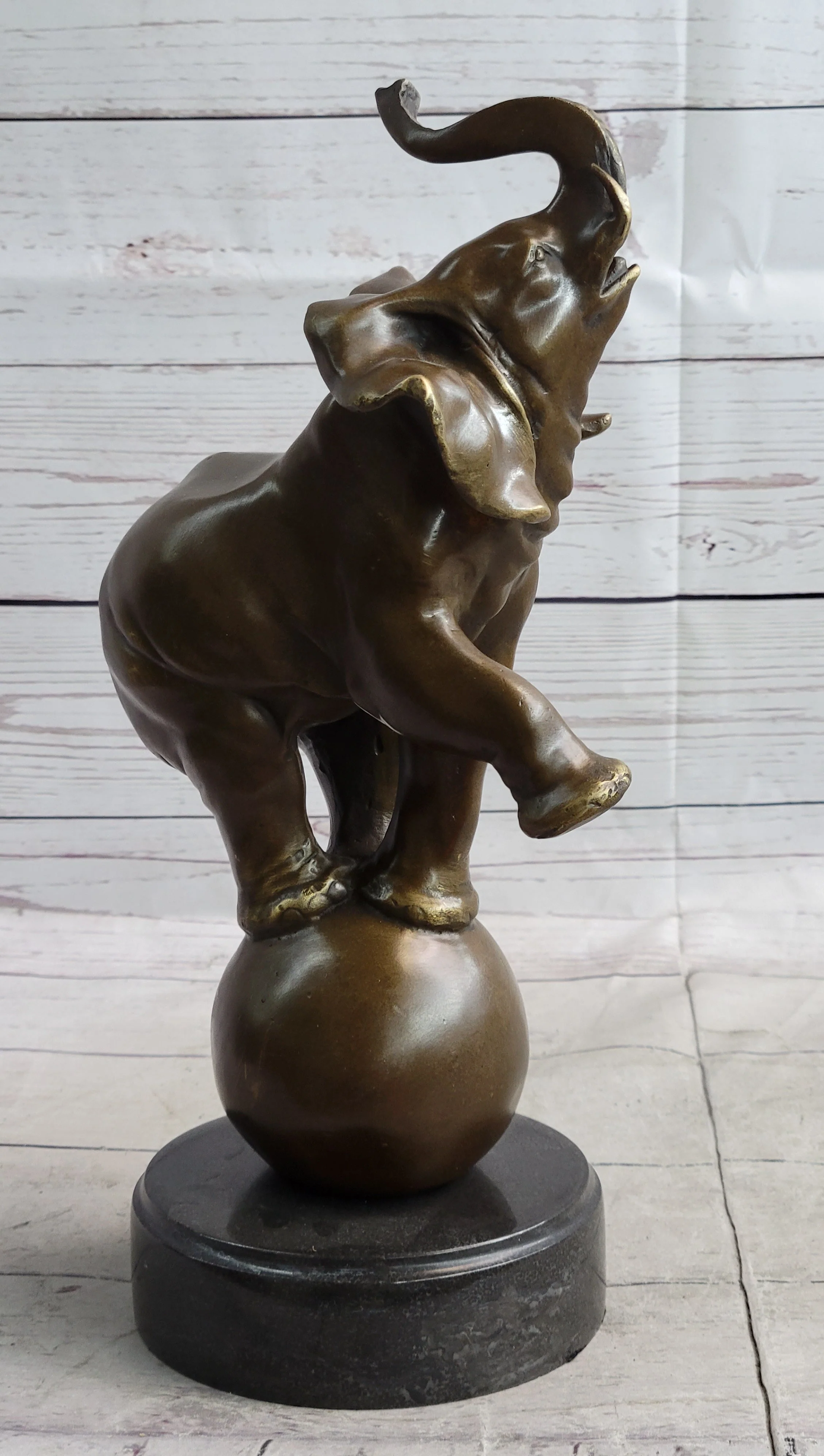 Circus Elephant Balancing on a Ball Bronze Sculpture Statue Art on Marble Base - Image 4