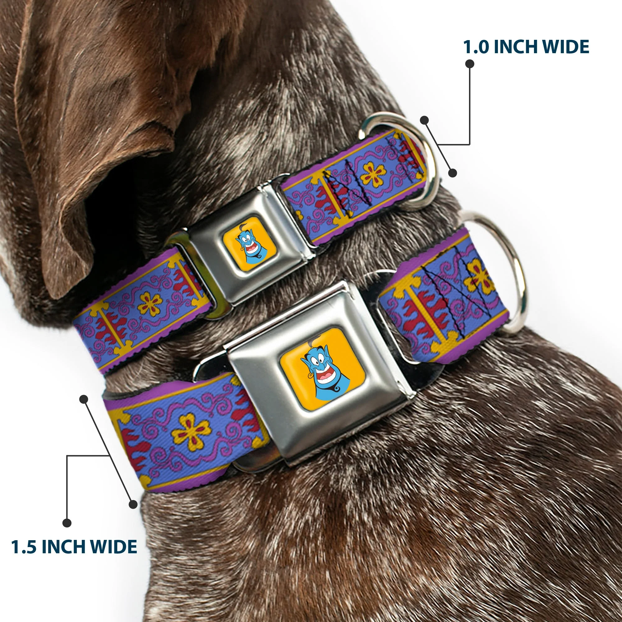 Classic Aladdin Genie Smiling Expression Full Color Yellow Seatbelt Buckle Collar - Classic Aladdin Magic Carpet Tapestry Blue/Purple/Gold/Red - Image 2