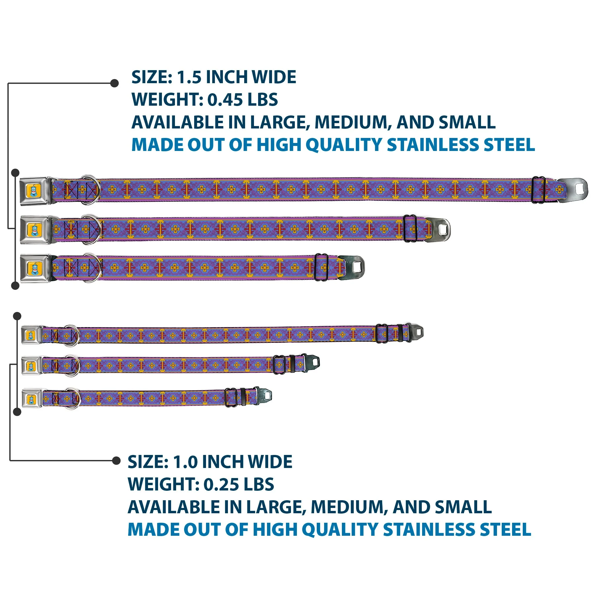 Classic Aladdin Genie Smiling Expression Full Color Yellow Seatbelt Buckle Collar - Classic Aladdin Magic Carpet Tapestry Blue/Purple/Gold/Red - Image 3