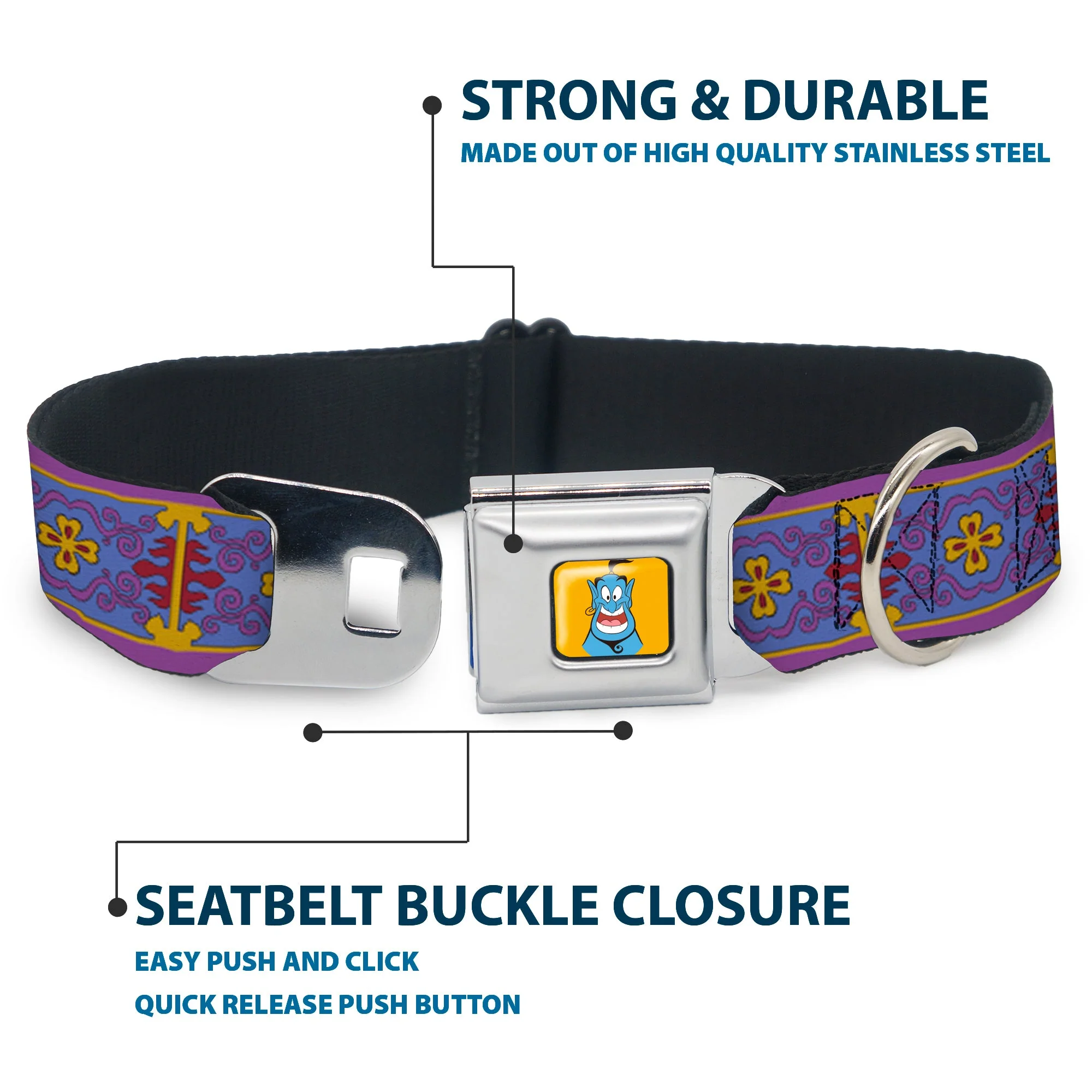 Classic Aladdin Genie Smiling Expression Full Color Yellow Seatbelt Buckle Collar - Classic Aladdin Magic Carpet Tapestry Blue/Purple/Gold/Red - Image 4
