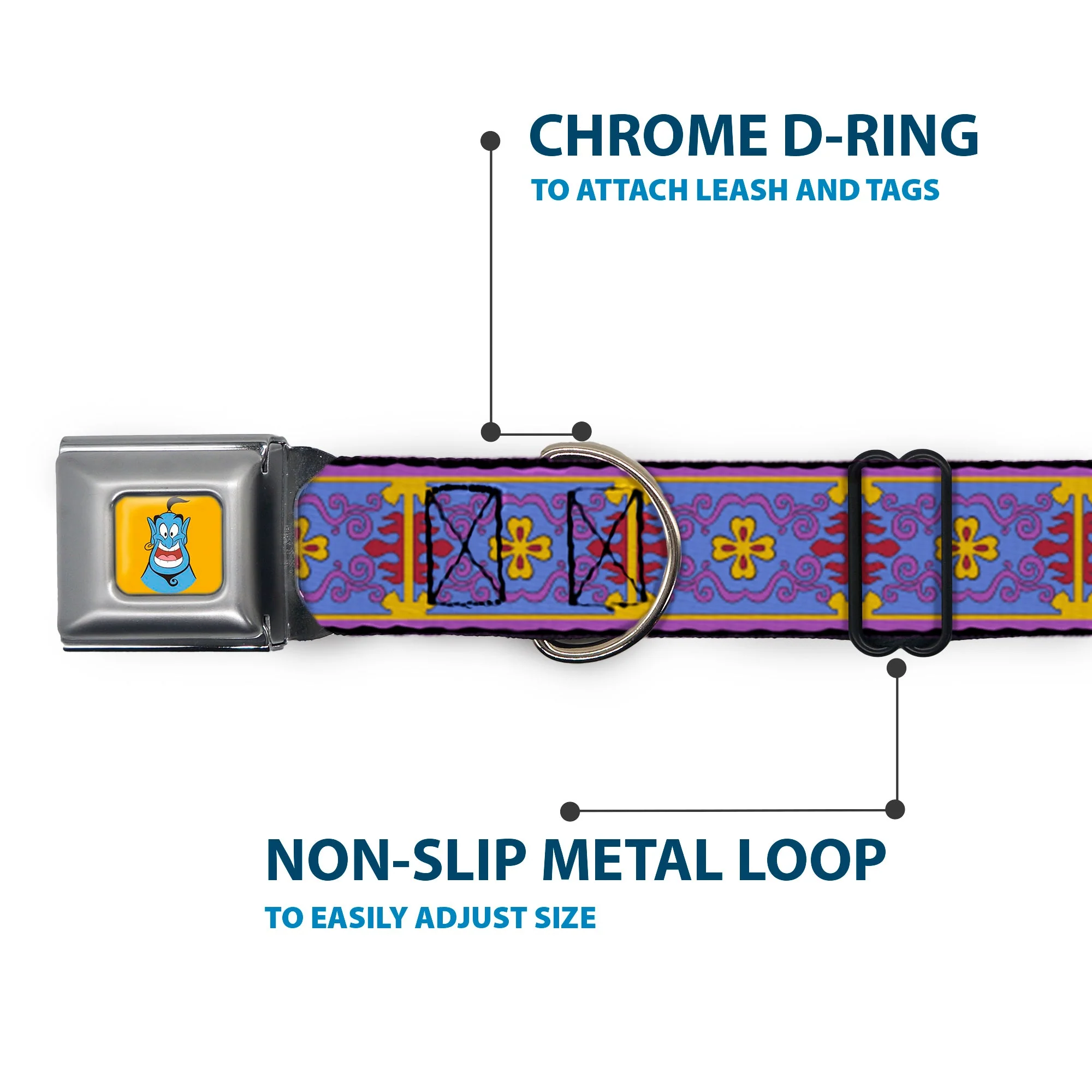 Classic Aladdin Genie Smiling Expression Full Color Yellow Seatbelt Buckle Collar - Classic Aladdin Magic Carpet Tapestry Blue/Purple/Gold/Red - Image 5