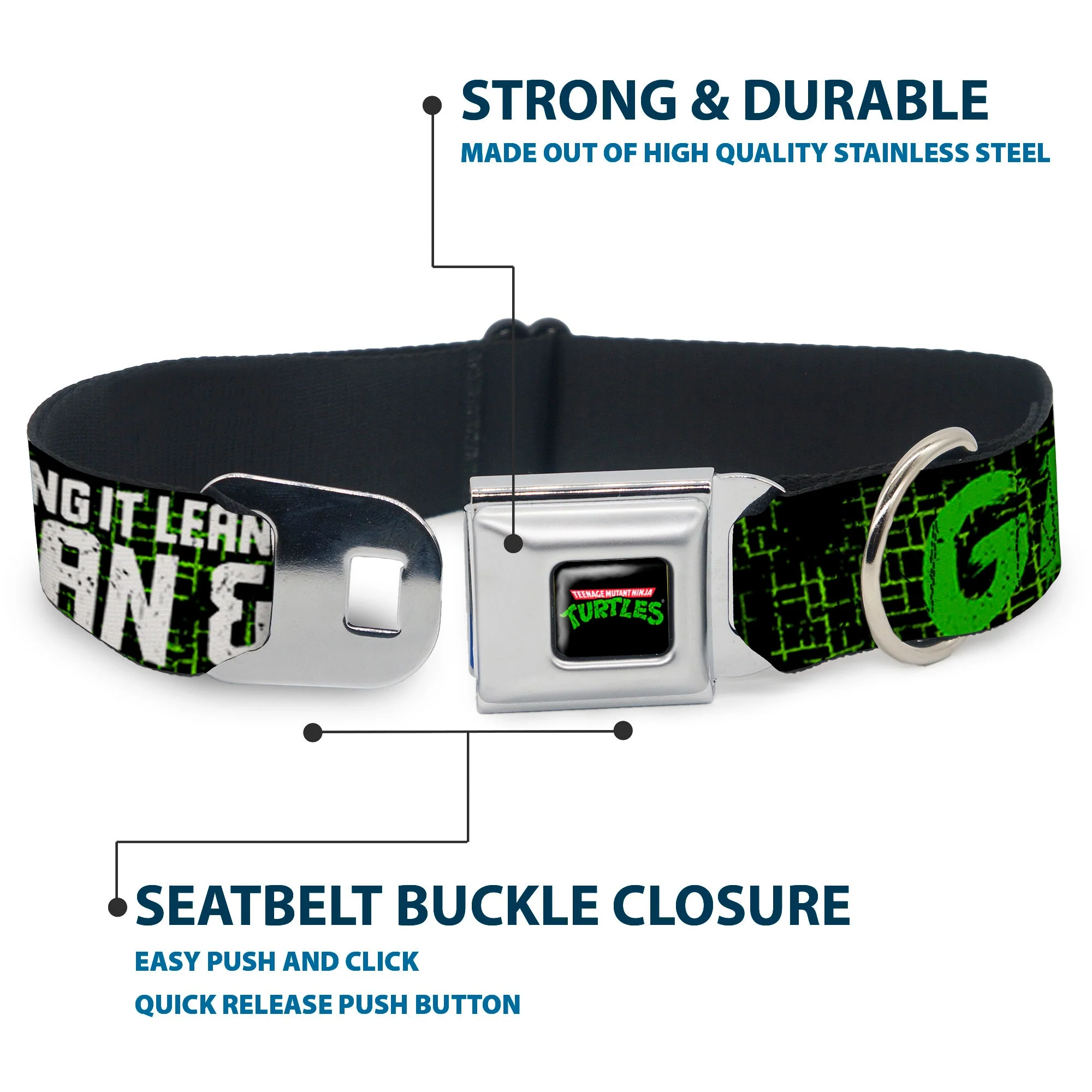 Classic TEENAGE MUTANT NINJA TURTLES Logo Seatbelt Buckle Collar - Classic TMNT Group Pose6/KEEPING IT LEAN, MEAN & GREEN Black/Green/White - Image 4