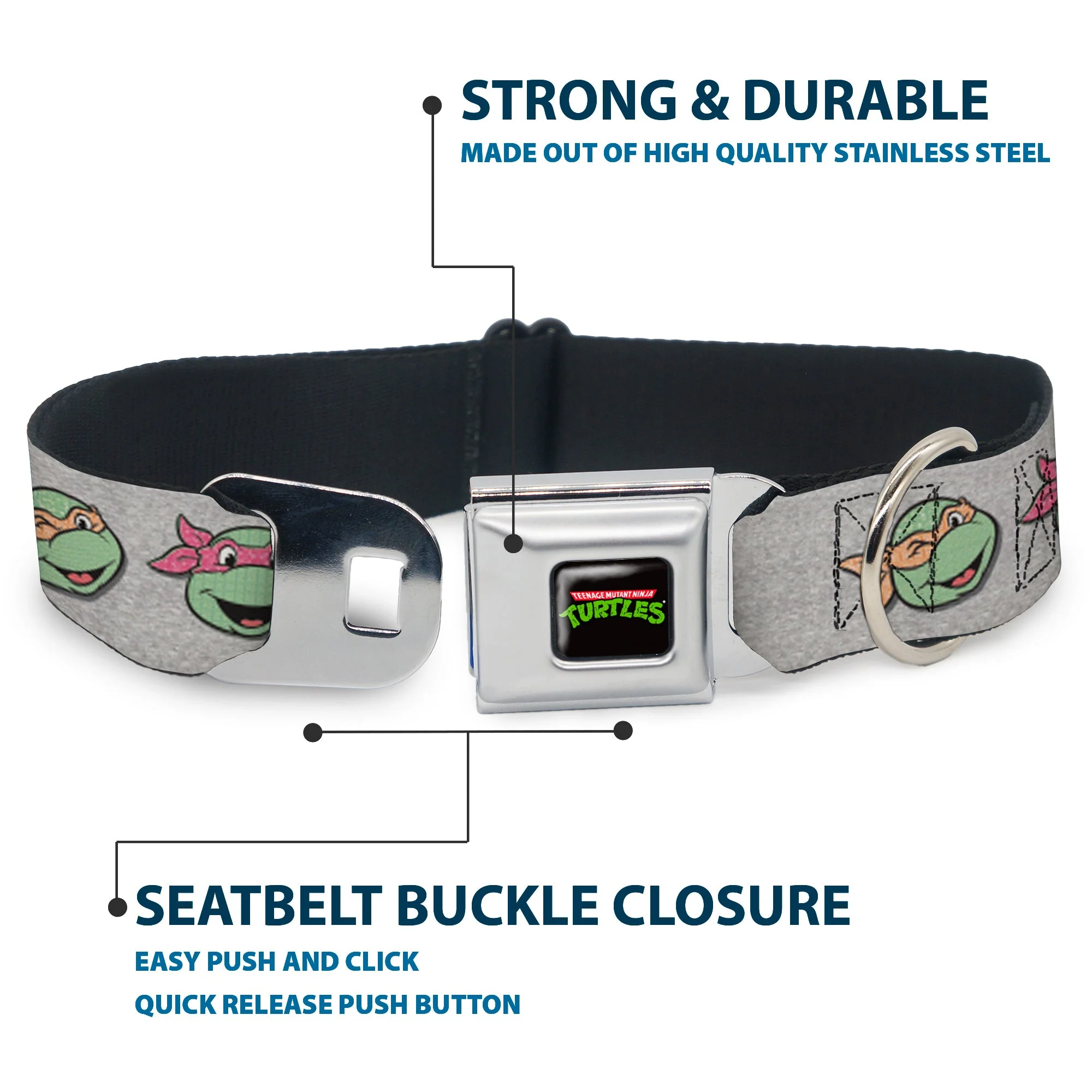 Classic TEENAGE MUTANT NINJA TURTLES Logo Seatbelt Buckle Collar - Teenage Mutant Ninja Turtles Expressions Gray - Image 4