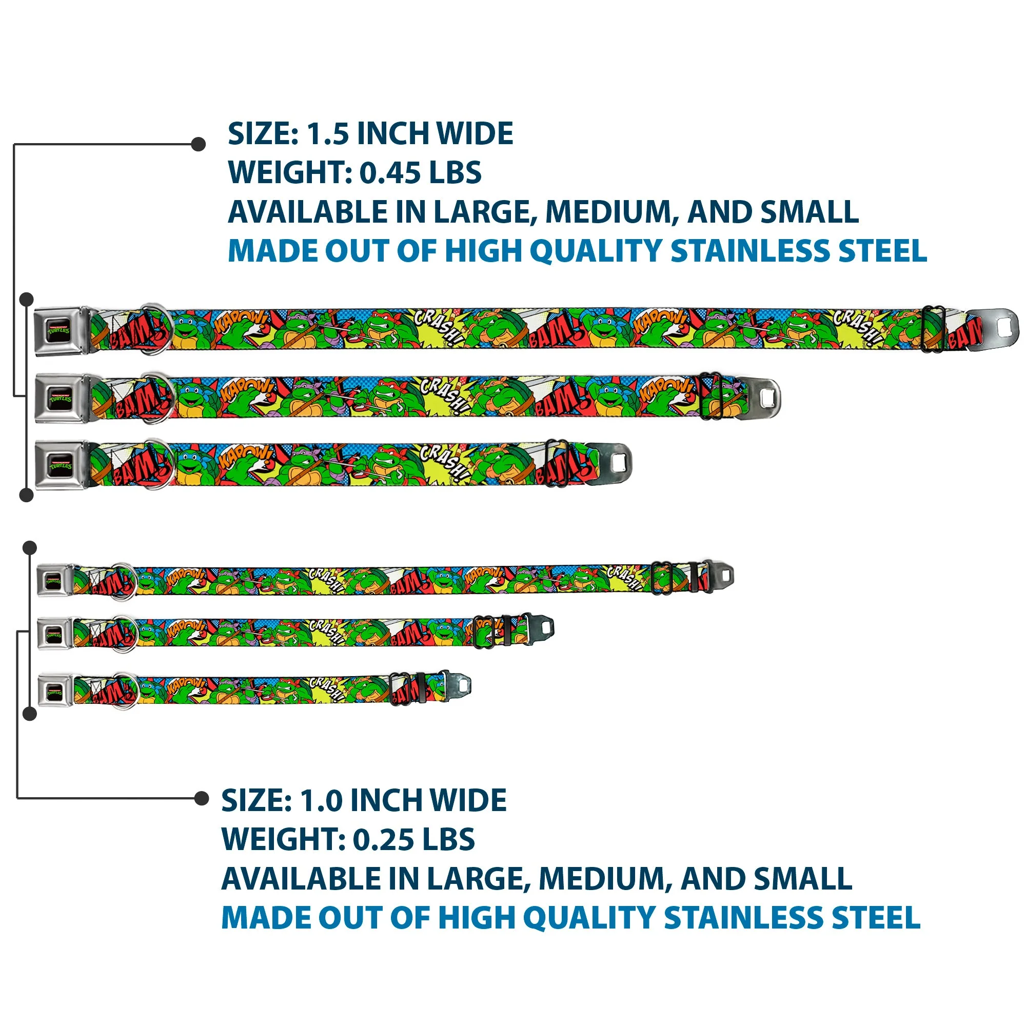 Classic TMNT Logo Full Color Seatbelt Buckle Collar - Classic Teenage Mutant Ninja Turtles Action Poses/Action Bubbles Dots Blues - Image 3