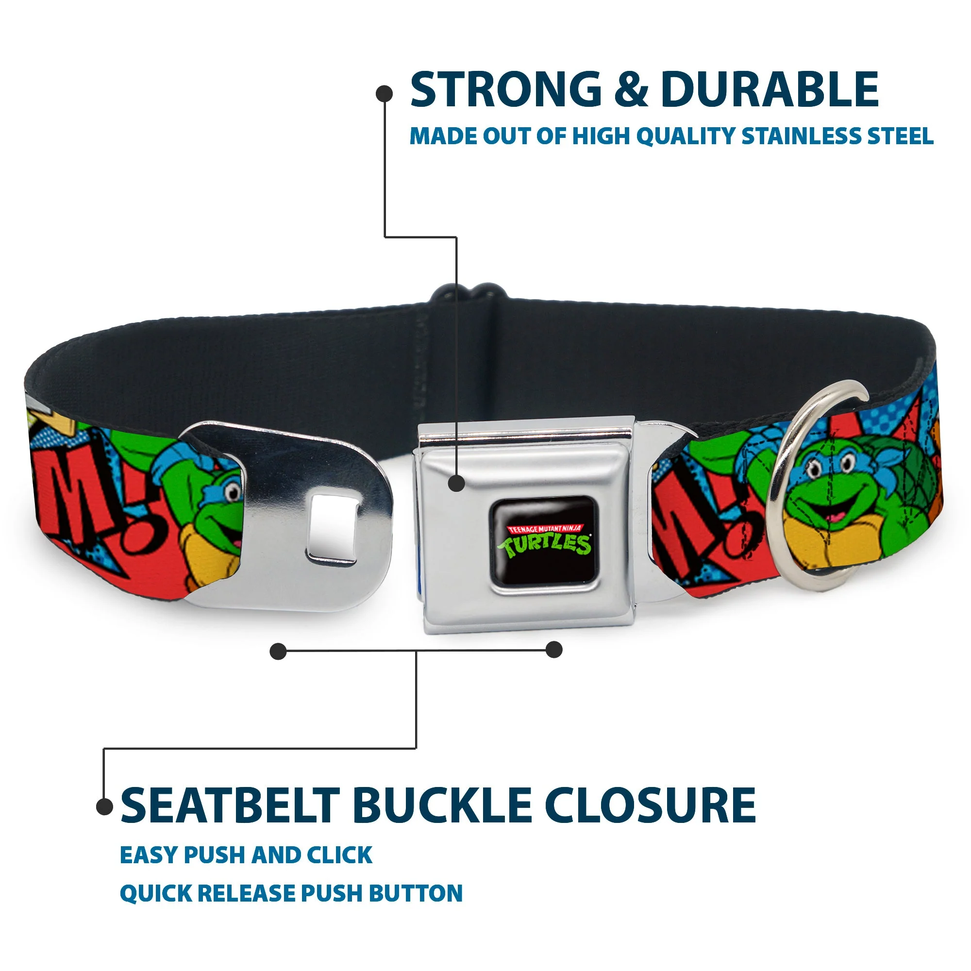 Classic TMNT Logo Full Color Seatbelt Buckle Collar - Classic Teenage Mutant Ninja Turtles Action Poses/Action Bubbles Dots Blues - Image 4