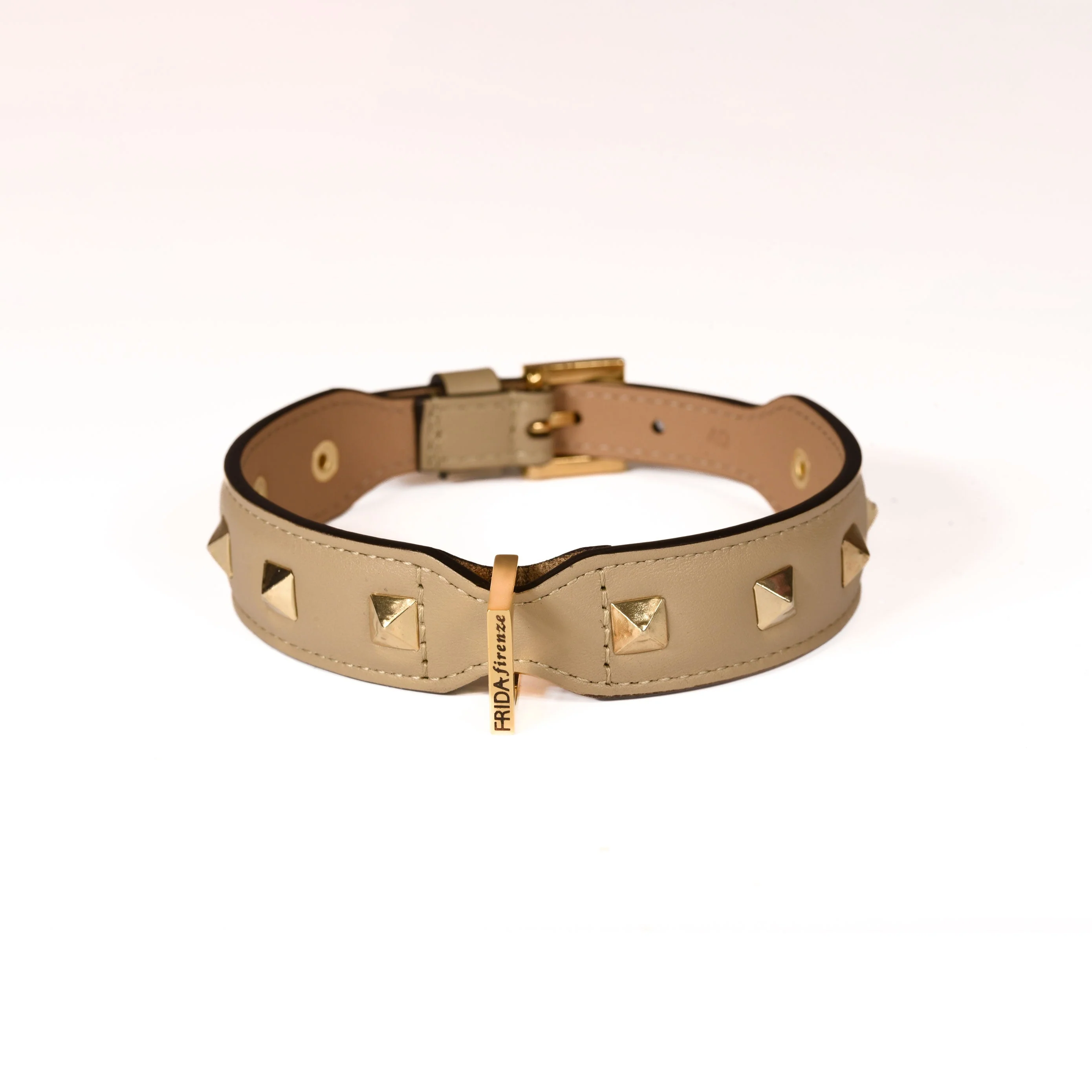 Leather Dog Collar in Mud - Pyramid, Made in Italy - Image 2