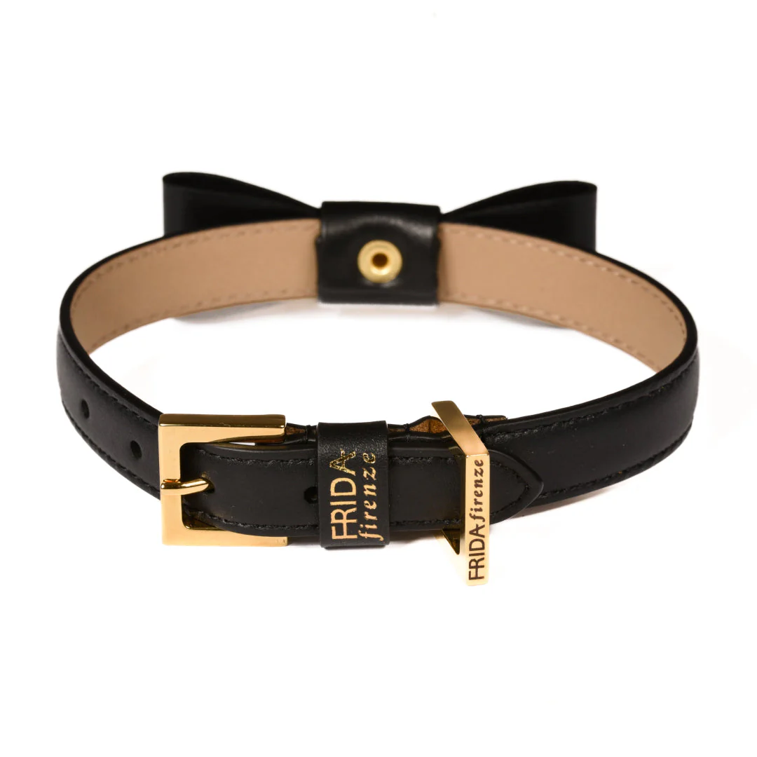 Leather Dog Collar in Black - Rock Bow, Made in Italy - Image 4