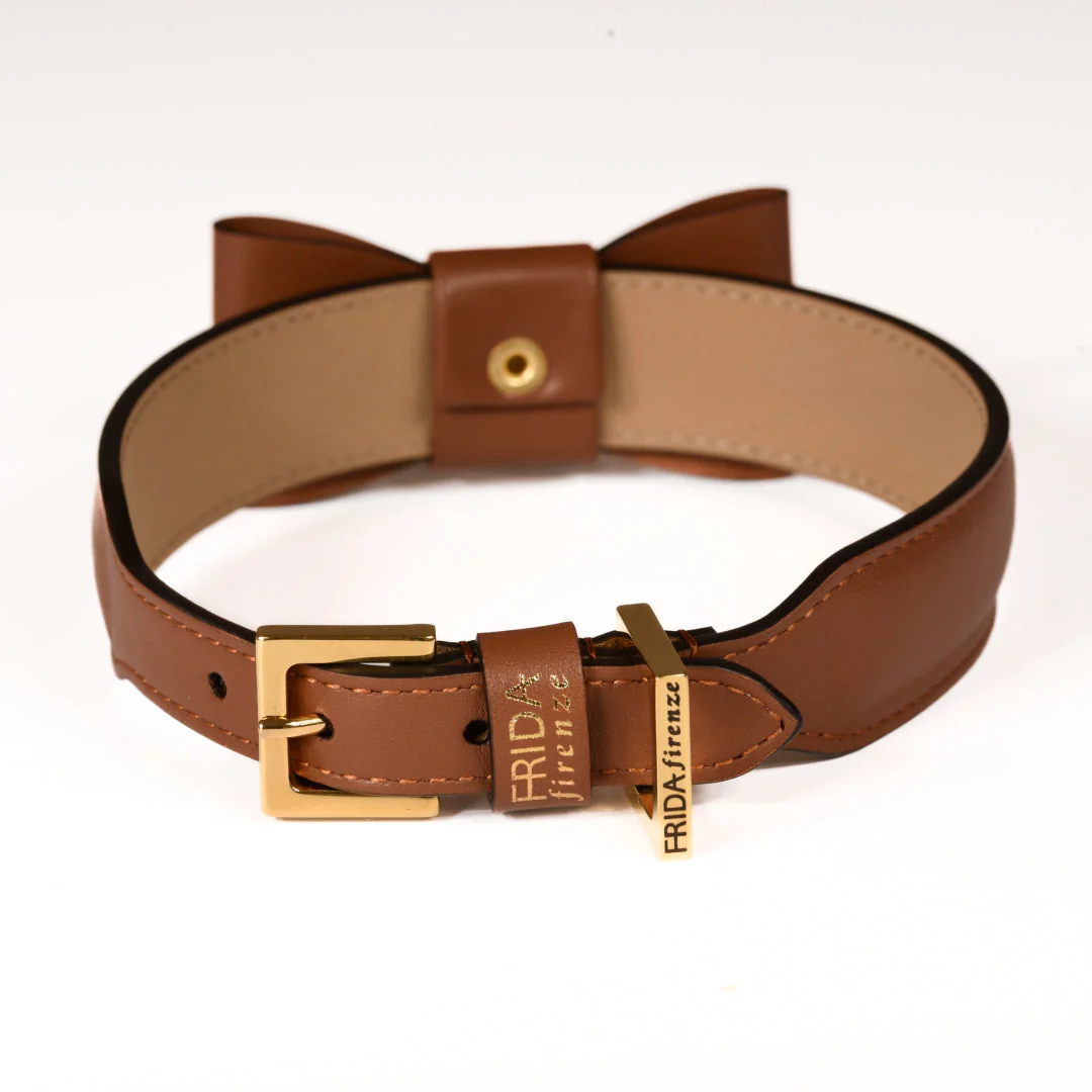 Leather Dog Collar in Brown - Rock Bow, Made in Italy - Image 3