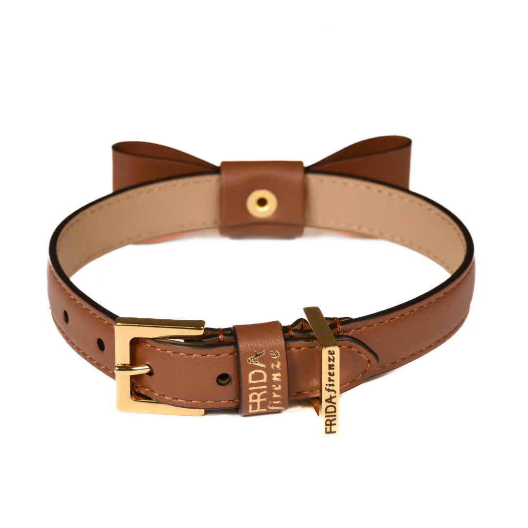 Leather Dog Collar in Brown - Rock Bow, Made in Italy - Image 5