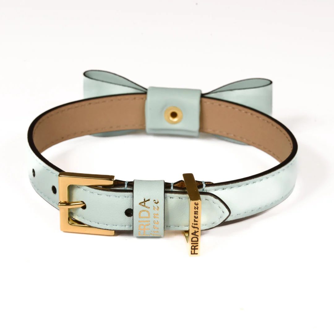 Leather Dog Collar in Cloud - Rock Bow, Made in Italy - Image 4
