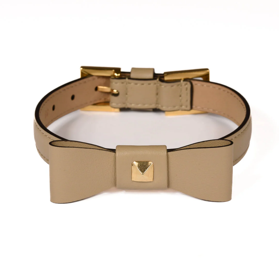 Leather Dog Collar in Mud - Rock Bow, Made in Italy - Image 3