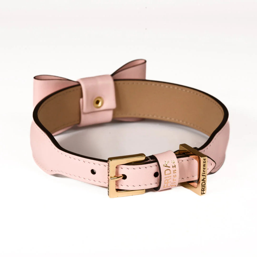 Leather Dog Collar in Pink - Rock Bow, Made in Italy - Image 2