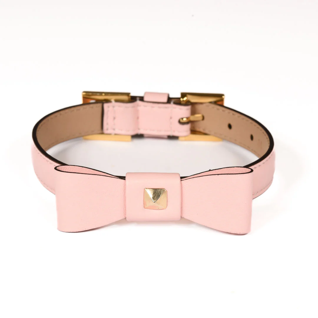 Leather Dog Collar in Pink - Rock Bow, Made in Italy - Image 3