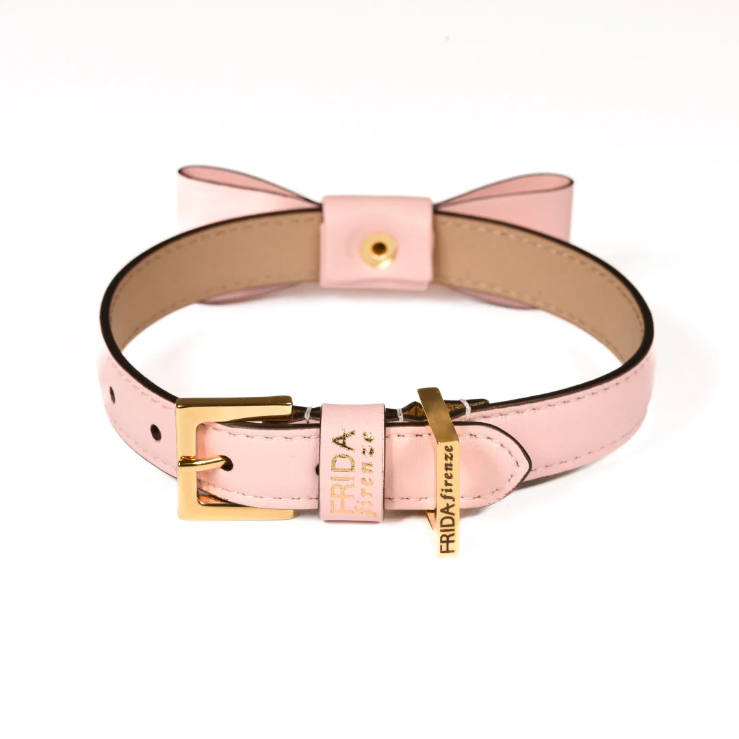 Leather Dog Collar in Pink - Rock Bow, Made in Italy - Image 4