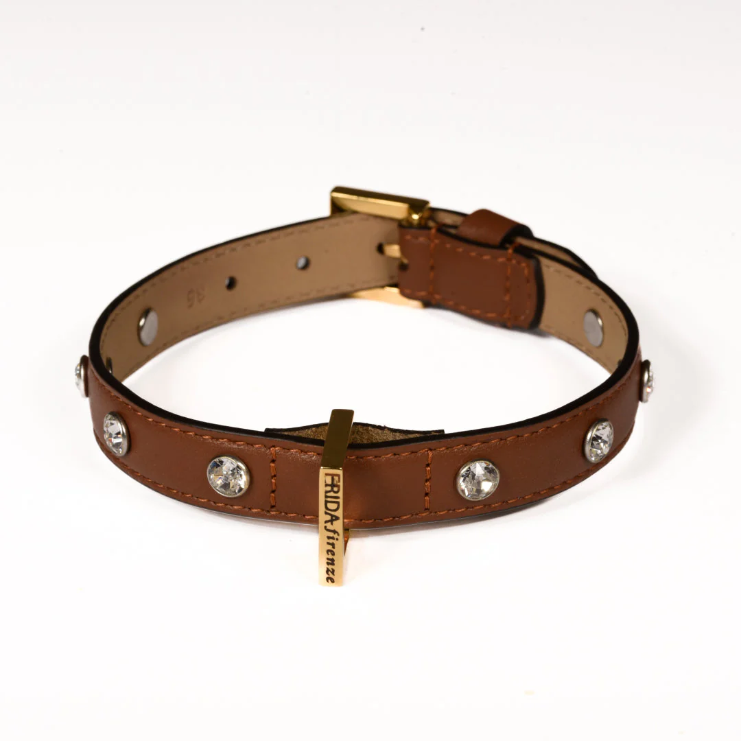 Leather Dog Collar in Brown - Swarovski, Made in Italy - Image 3