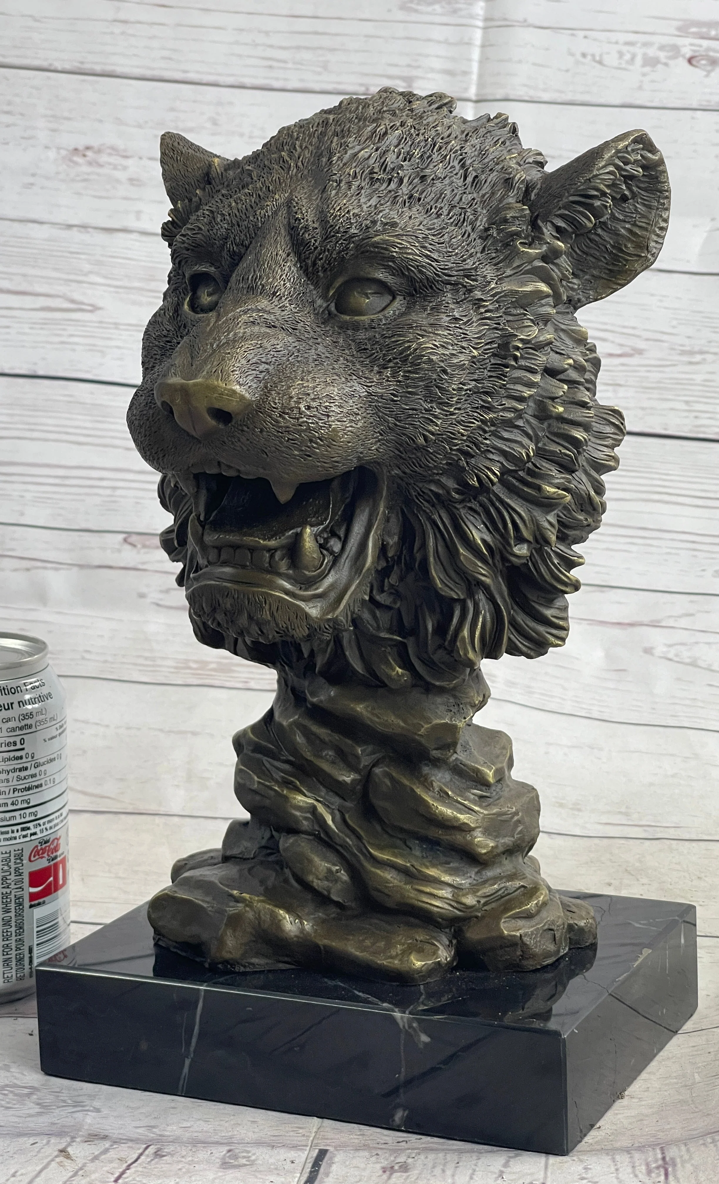 Cougar Lion Big Cat Predator Bust Sculpture Statue Bronze on Marble Base 12" x 7" - Image 2