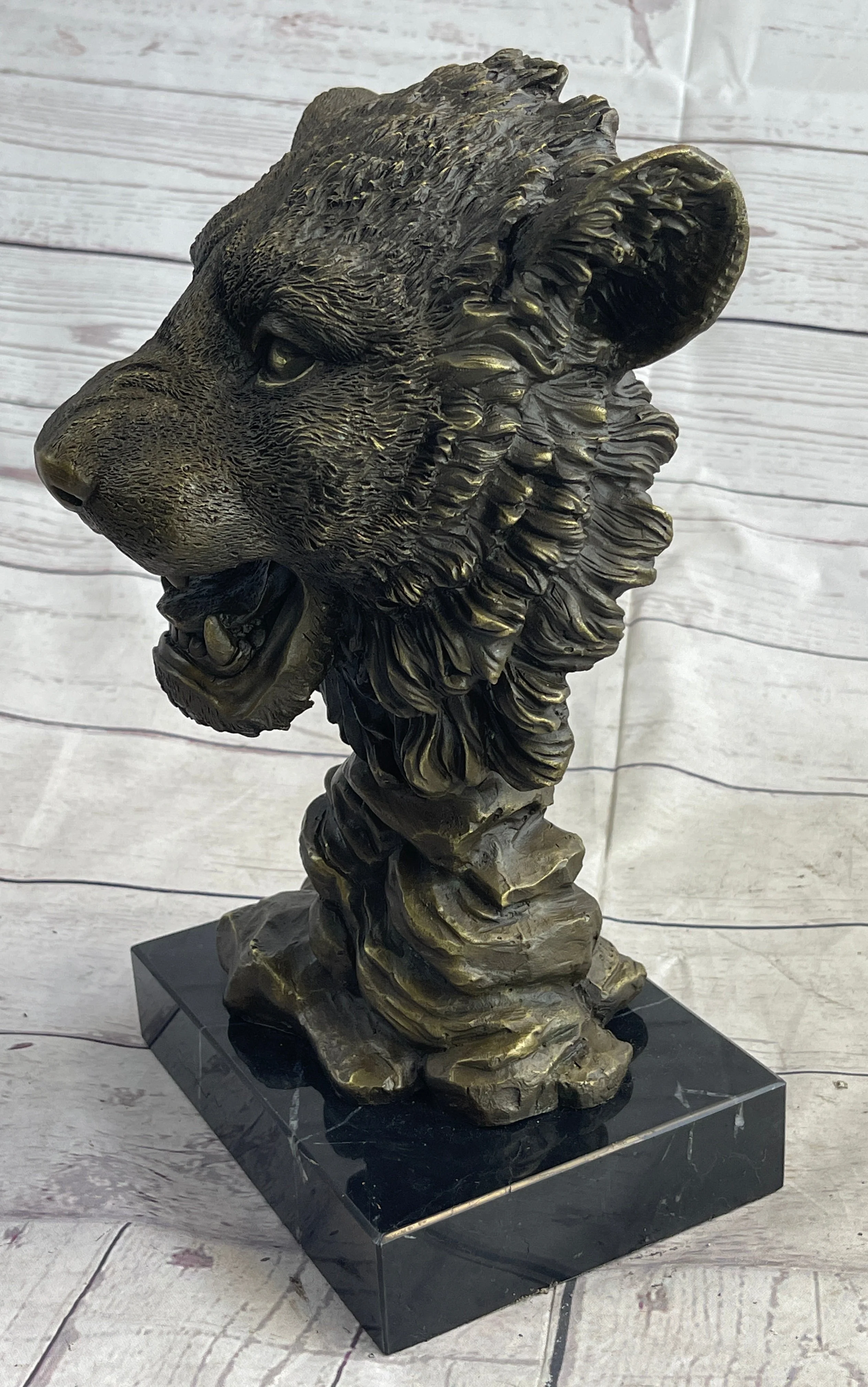 Cougar Lion Big Cat Predator Bust Sculpture Statue Bronze on Marble Base 12" x 7" - Image 5