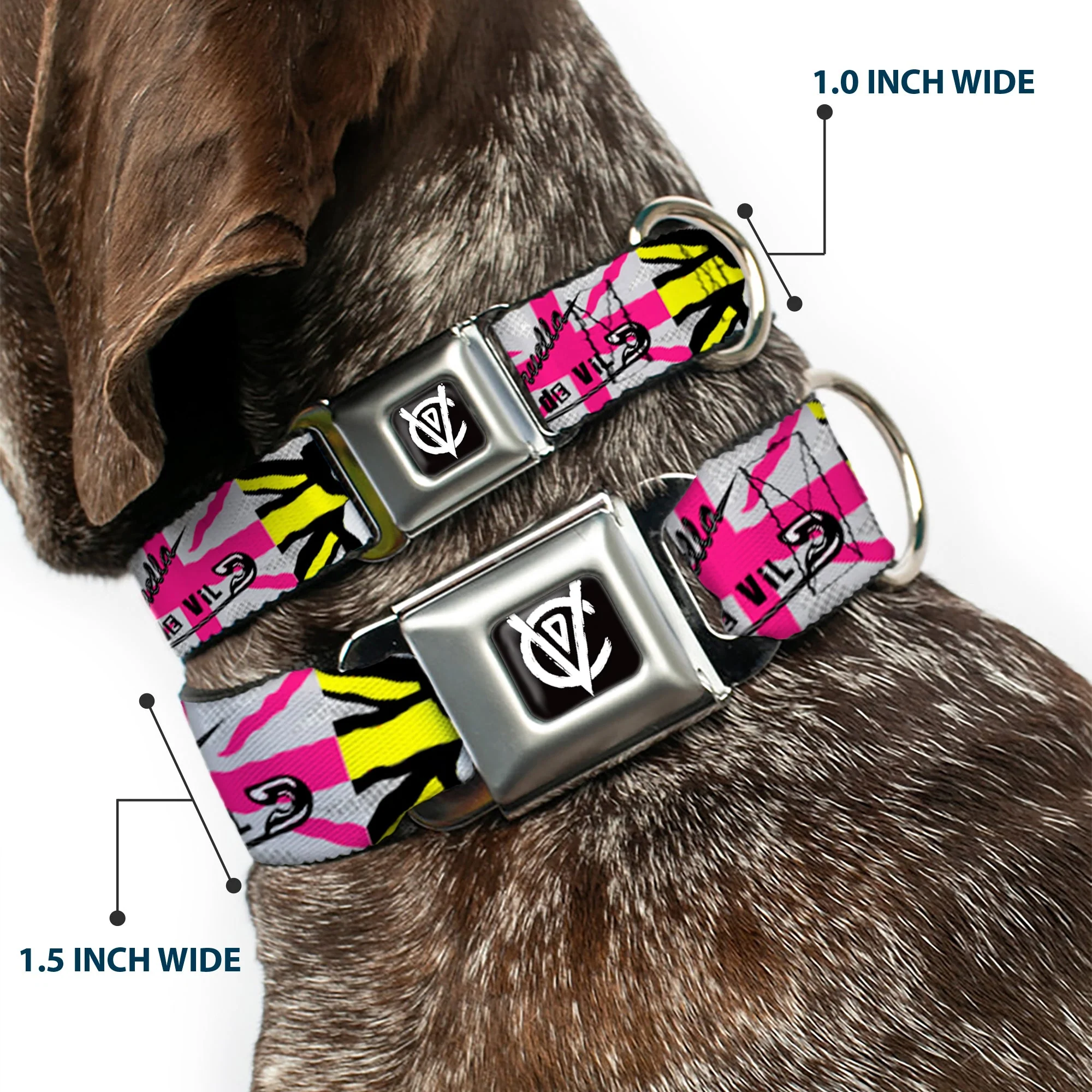 Cruella de Vil CDV Icon Black/White Seatbelt Buckle Collar - CRUELLA DE VIL Safety Pin/Cruell World Pose Union Jack Punk Rock Blocks - Image 2